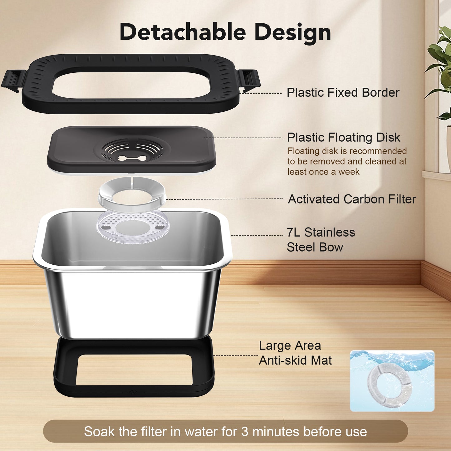 Decflow 7L Stainless Steel Dog Water Bowl, Non-Spill, Splash-Proof Dog Bowl with Non-Slip Mat, Anti-Spill Slow Feeder, Suitable for Messy Drinks, Heavy-Duty Pet Bowl for Indoor/Outdoor Use