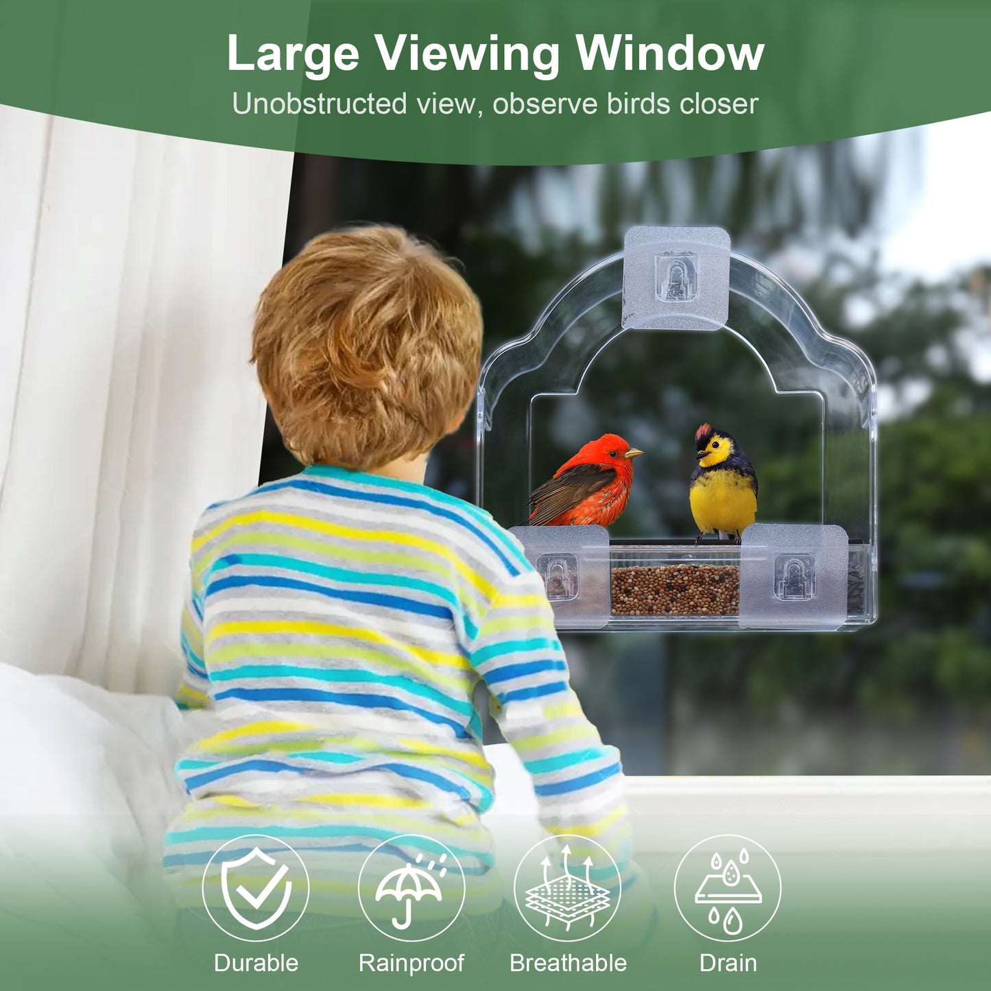 Decflow Transparent Acrylic Outside Window Wild Bird Feeder with 3 Pairs of Strong Stickers & Removable Tray, Black