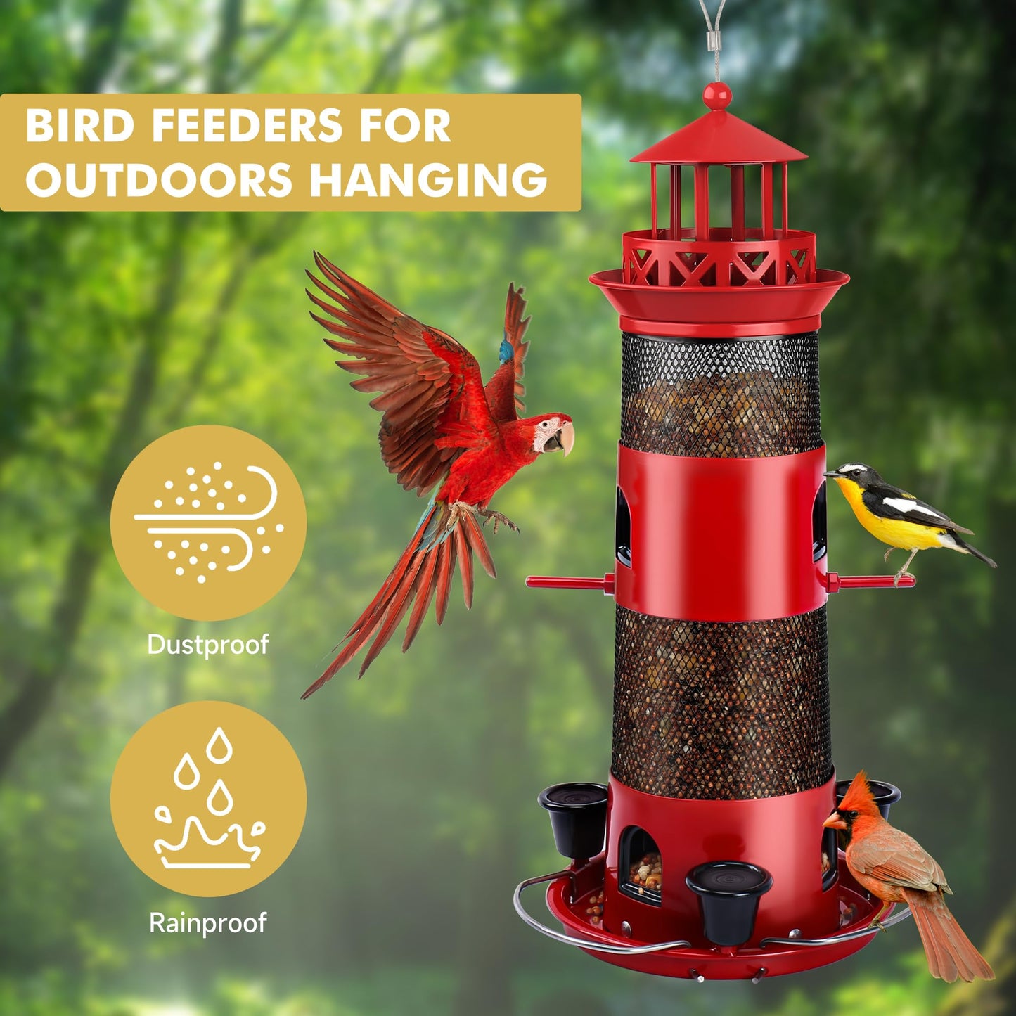 Decflow Outdoor Hanging Durable Metal Tube Wild Bird Feeder with Three Water Cups, Black