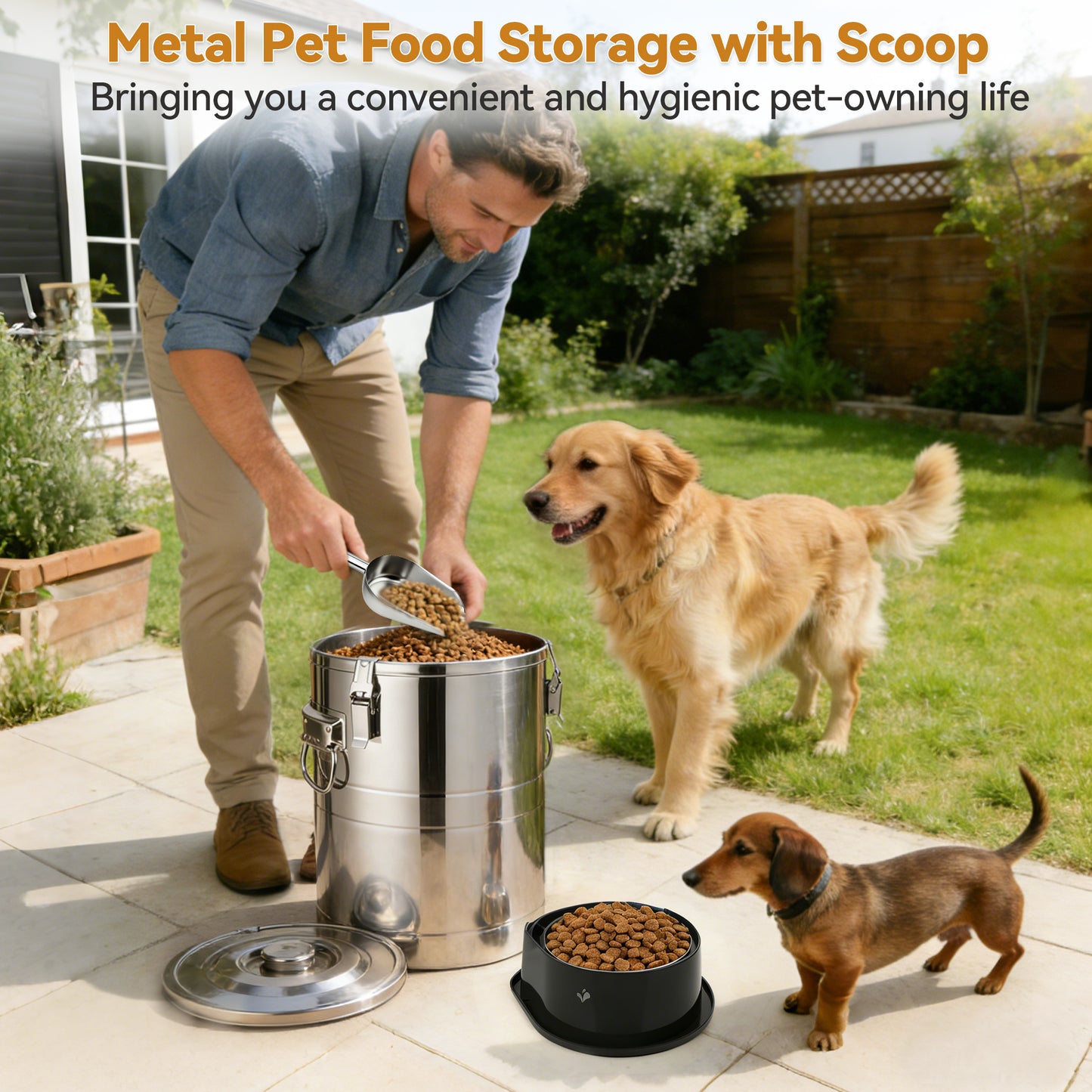 Newget Airtight Metal Container Food Bin with Scoop & Lid Stainless-Steel Dog & Cat Storage, Medium: 40-lbs
