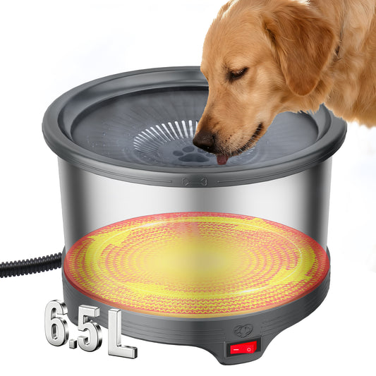 6.5L Heated Water Bowl, Stainless Steel Outdoor Heated Dog Bowl with Anti-Chew Cord, Large Capacity Heated Pet Slow Drinking Dish Provide Warm Water in Winter for Dogs