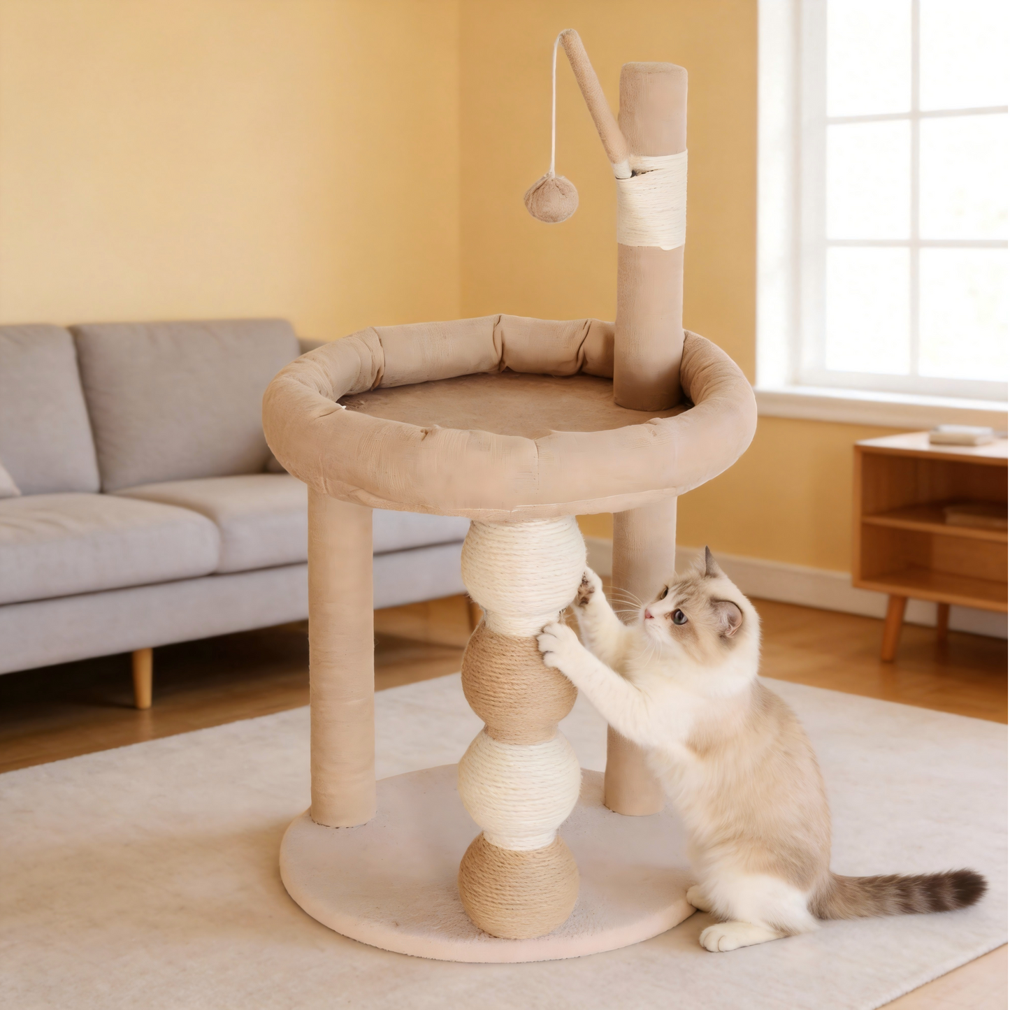 Decflow 30.7-in Scratching Post & Cat Bed, Sisal Cat Tower with Dangling Toy, Stable Cat Tree Tower for Indoor Cats, Beige