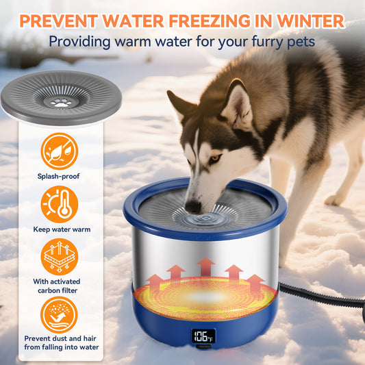 3.5L Heated Water Bowl, Stainless Steel Heated Dog Bowl with Digital Display and Adjustable Temperature, Heated Slow Drinking Feeder Provides Warm Water for Outdoor Dogs