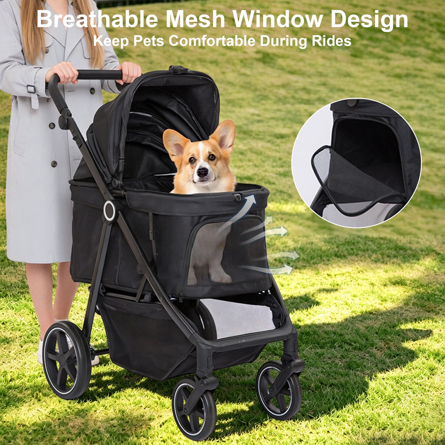 Twinsing 4-Wheel Easy-Fold Dog & Cat Stroller with Adjustable Handle, Storage Basket & Breathable Mesh, Black