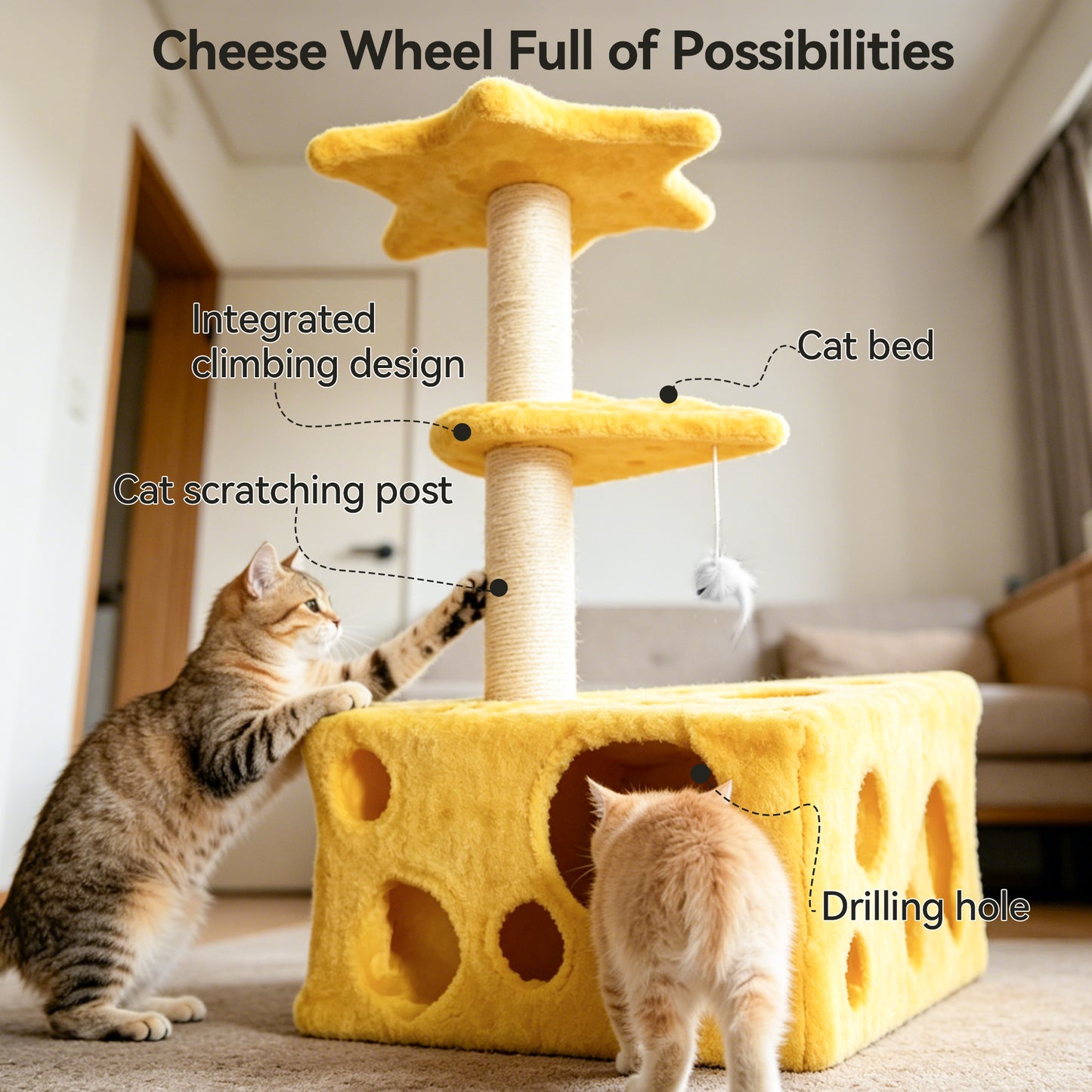 Newget Multi-Functional Cheese Shaped Tower Sisal Scratching Surface Hideout Holes Rest Nest Sturdy Furniture Triangle Base Plush Cat Tree