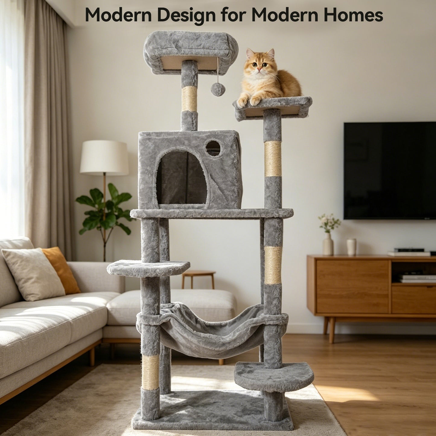 Newget Multi-Level Indoor Furniture Boat Shaped Interactive Toy Ball Plush Rest Bed Cat Tree with Sisal Scratching Post