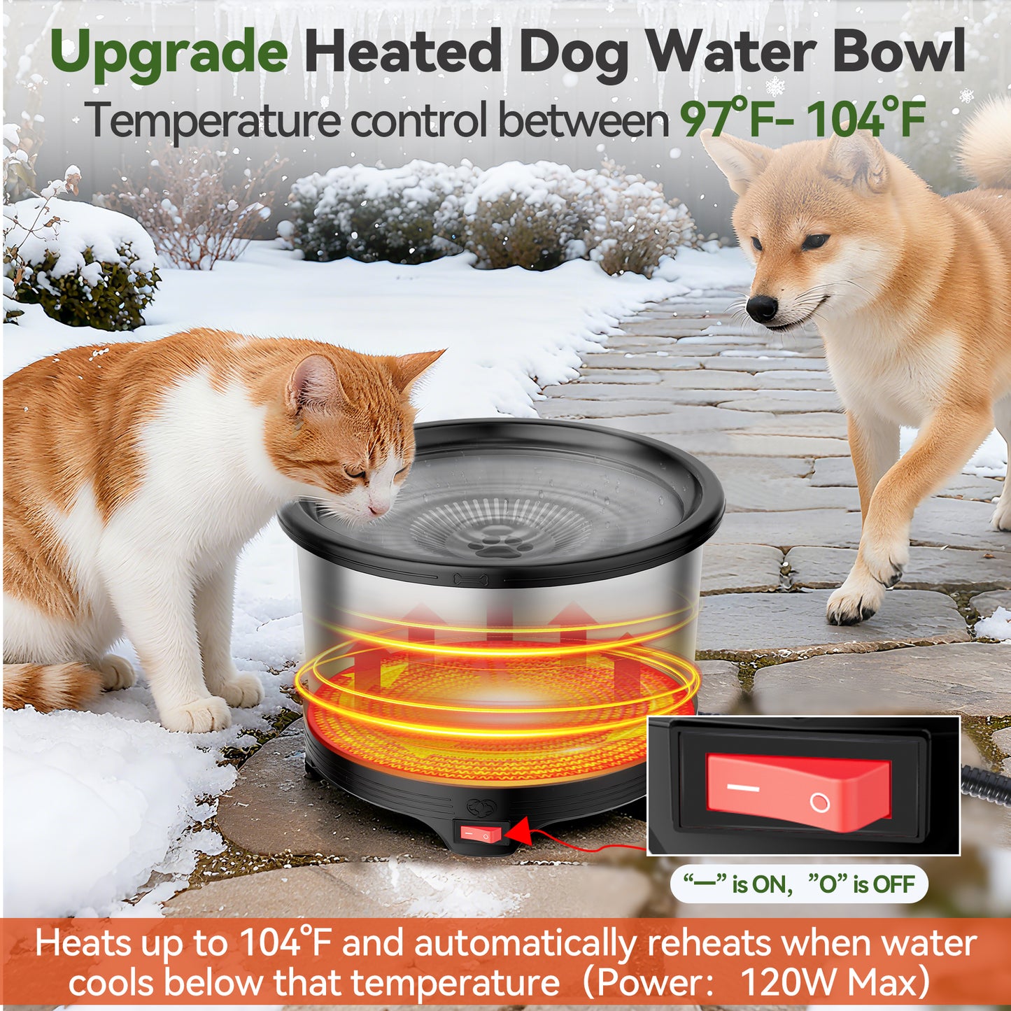 6.5L Heated Water Bowl, Stainless Steel Outdoor Heated Dog Bowl with Anti-Chew Cord, Large Capacity Heated Pet Slow Drinking Dish Provide Warm Water in Winter for Dogs