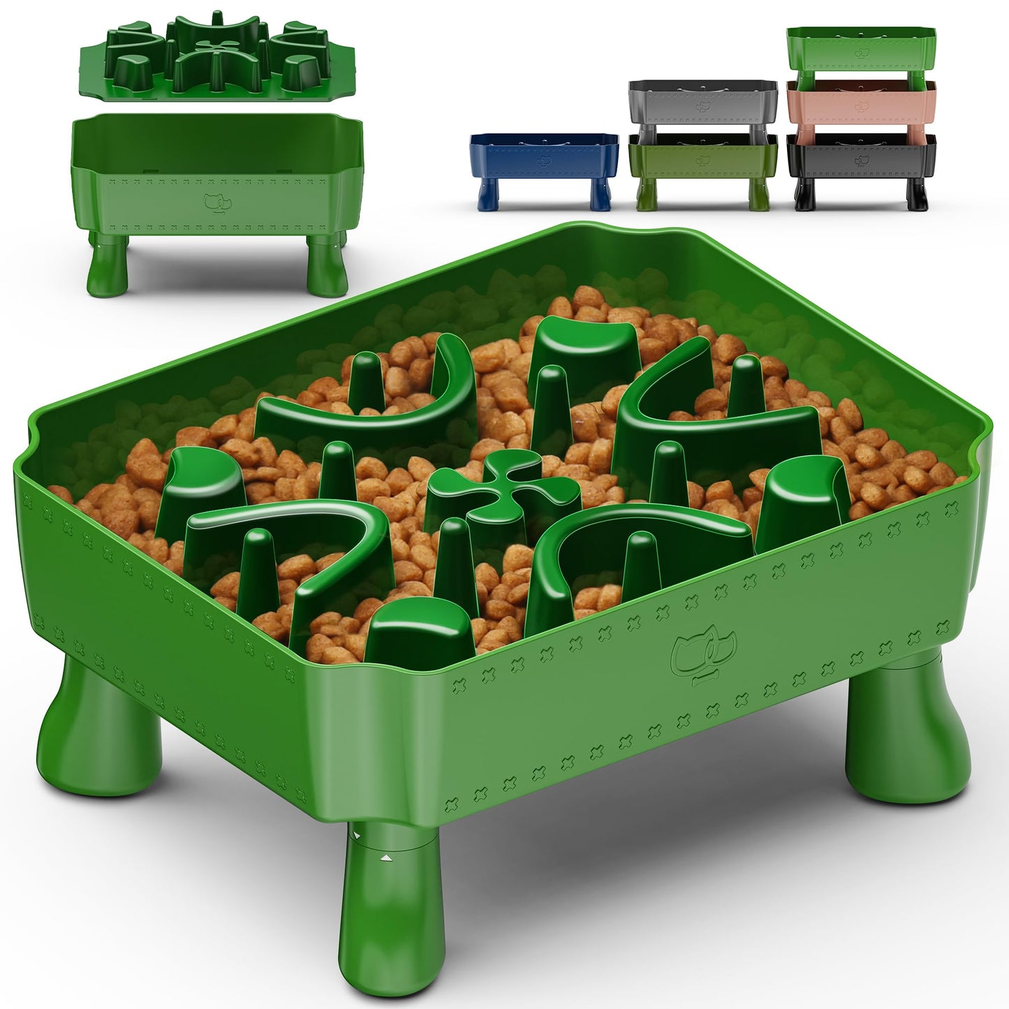UPSKY Slow Feeder Dog Bowl, 2-in-1 Raised Dog Bowl with Anti-Choking Maze Puzzle, 2-6 Cups Pet Food for Small & Medium Breeds, Interactive Pet Feeder to Slow Eating, Reduce Boredom Deep Green