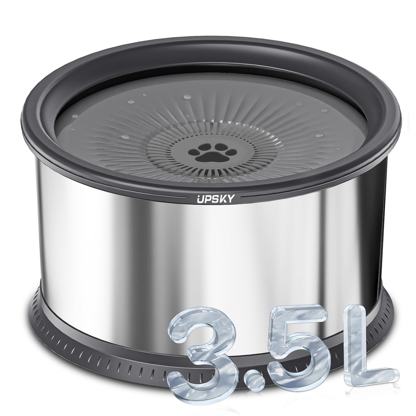 UPSKY 6.5L Dog Water Bowl,1.6 Gallon Super Large Capacity No Spill Dog Water Bowl,Stainless Steel Spill Proof Slow Water Feeder,No Splash Water Bowl with Anti-Slip Mat for Messy Drinkers Grey