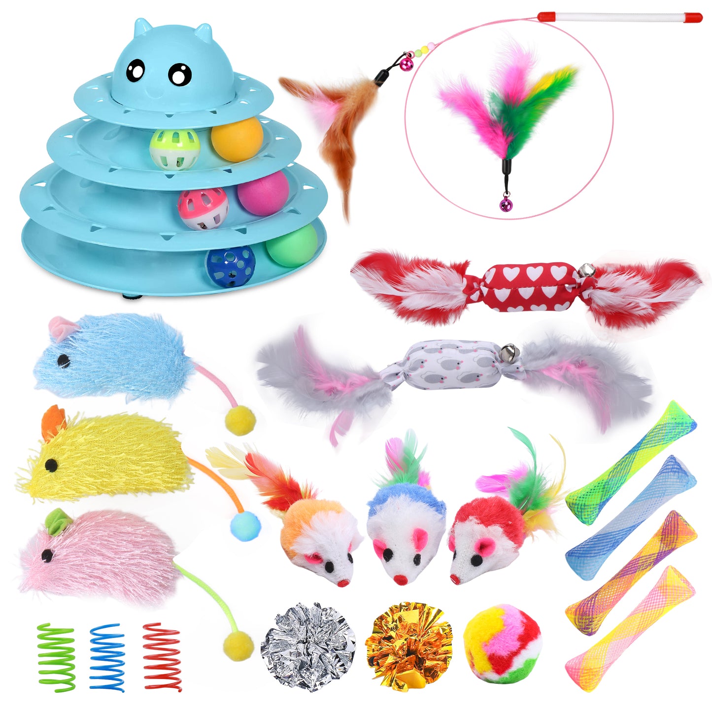 UPSKY 24 PCS Cat Toys, 3-Level Turntable Kitten Toys Set, Interactive Cat Roller Toys for Indoor Cats, Catnip Toys, Cat Teaser Toys, Mice Toys, Spring Toys, Various Ball Toys for Kitty