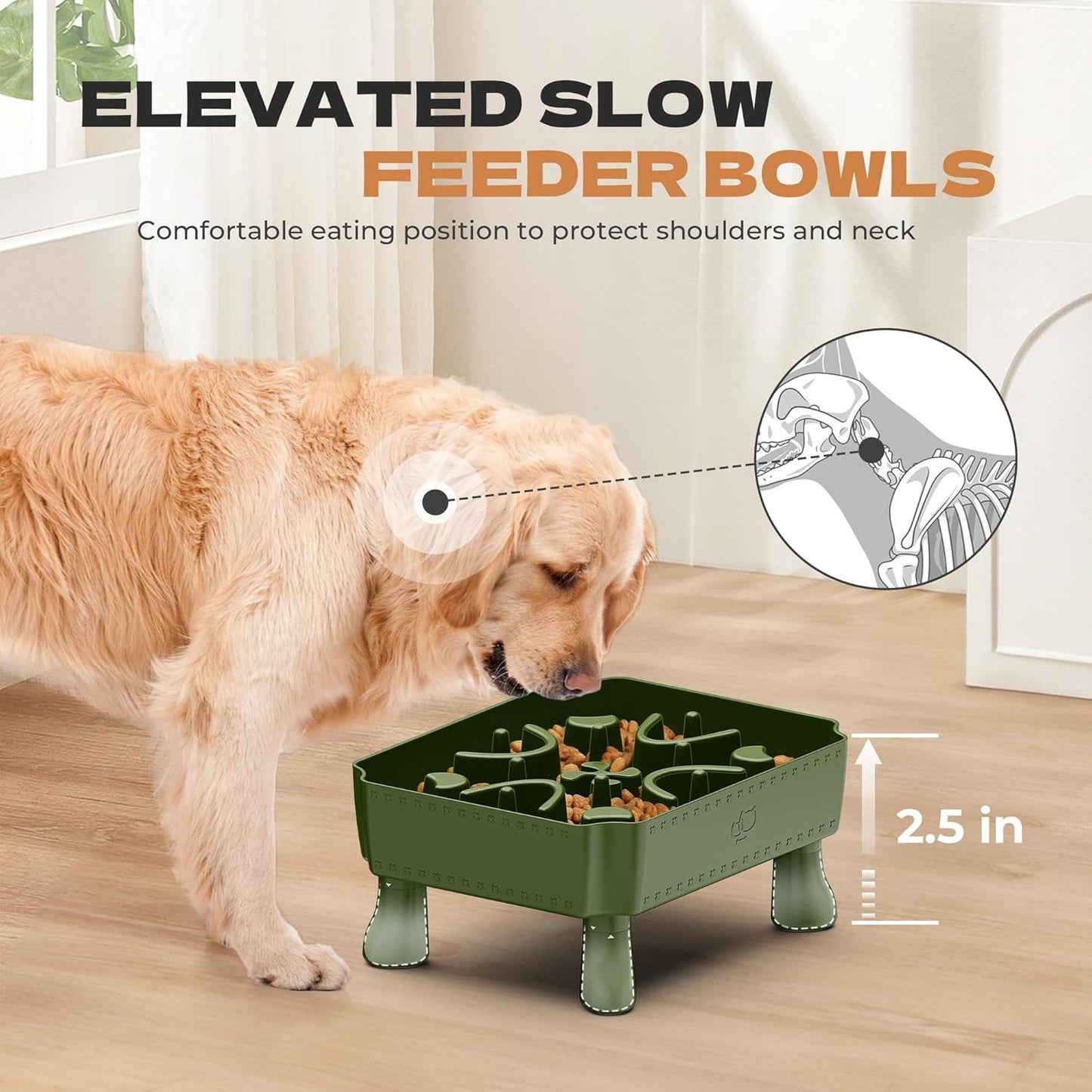 UPSKY Slow Feeder Dog Bowl, 2-in-1 Raised Dog Bowl with Anti-Choking Maze Puzzle, 2-6 Cups Pet Food for Small & Medium Breeds, Interactive Pet Feeder to Slow Eating, Reduce Boredom Deep Green