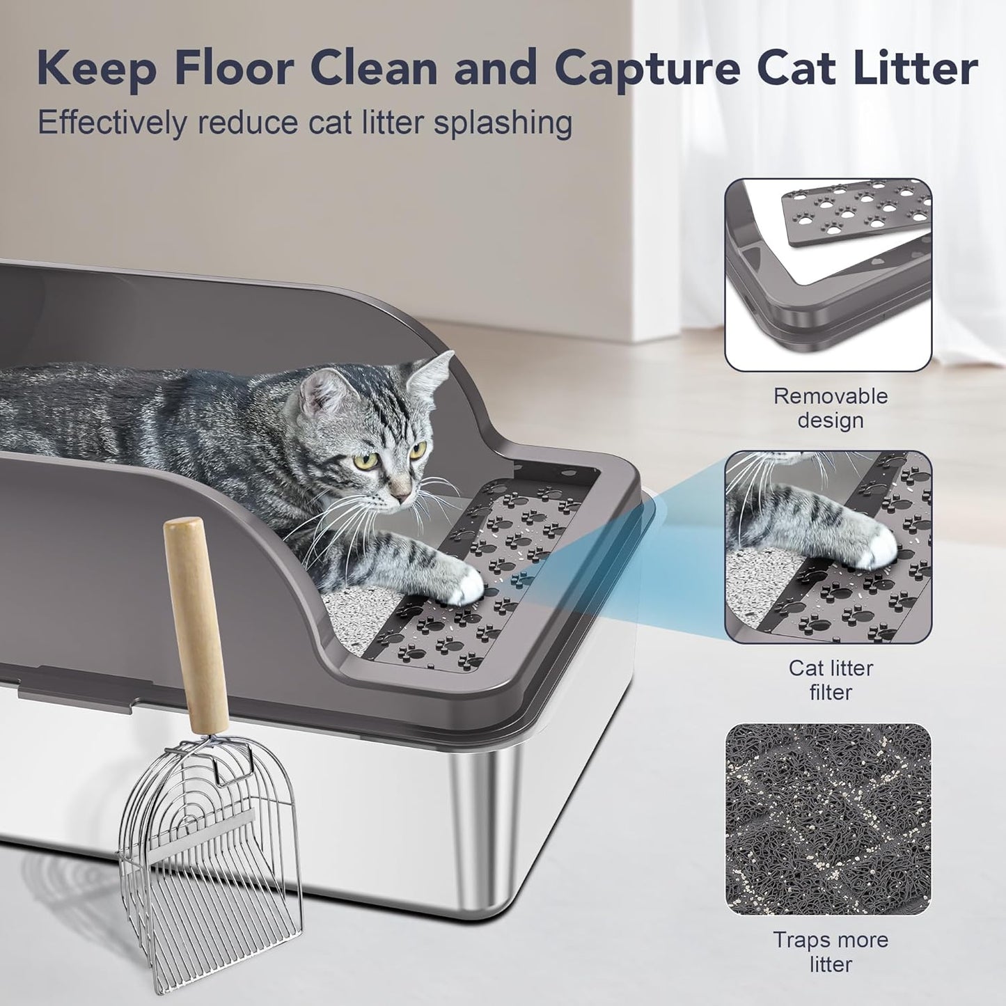 UPSKY Stainless Steel Cat Litter Box with Lid, XL Large Metal Litter Box for Large Breeds, Enclosed Kitty Litter Pan with High Sides, Leak-Proof & Non-Stick, Easy to Clean, Scoop and Mat Included