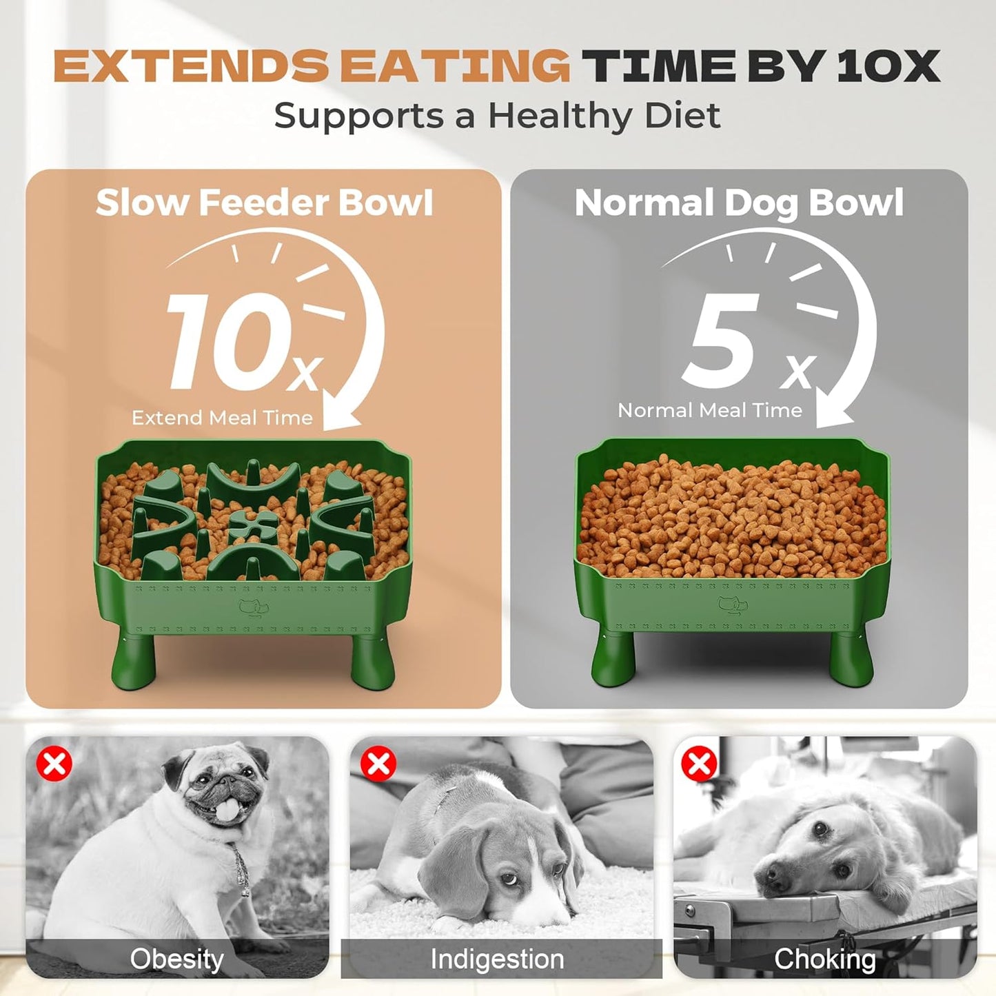 UPSKY Slow Feeder Dog Bowl, 2-in-1 Raised Dog Bowl with Anti-Choking Maze Puzzle, 2-6 Cups Pet Food for Small & Medium Breeds, Interactive Pet Feeder to Slow Eating, Reduce Boredom Fruit Green