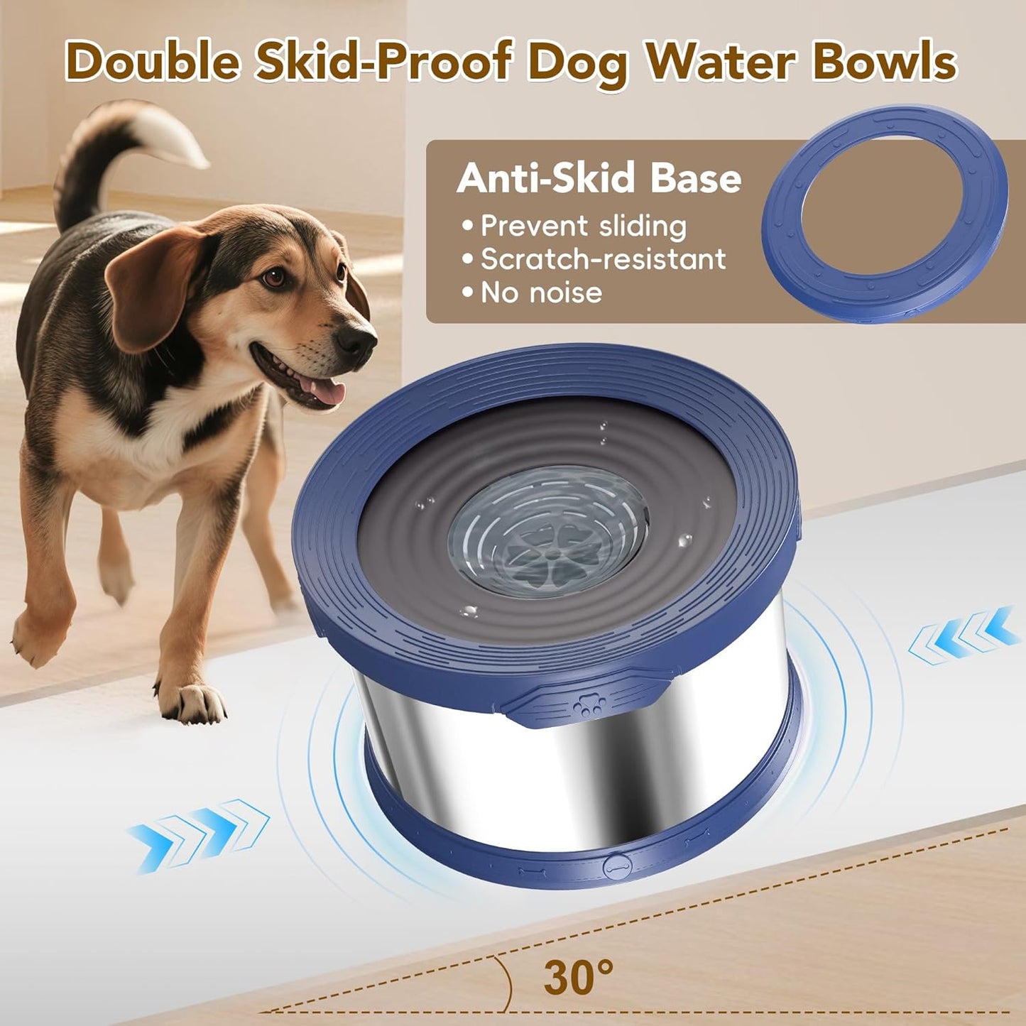 UPSKY Dog Water Bowl No Spill 8L Stainless Steel, 2.1 Gallon Large Capacity Spill-Proof Dog Bowls, Non-Slip Slow Drinking Anti-Splash Bowl for Large Messy Drinkers, No Mess Indoor/Outdoor Use, Blue