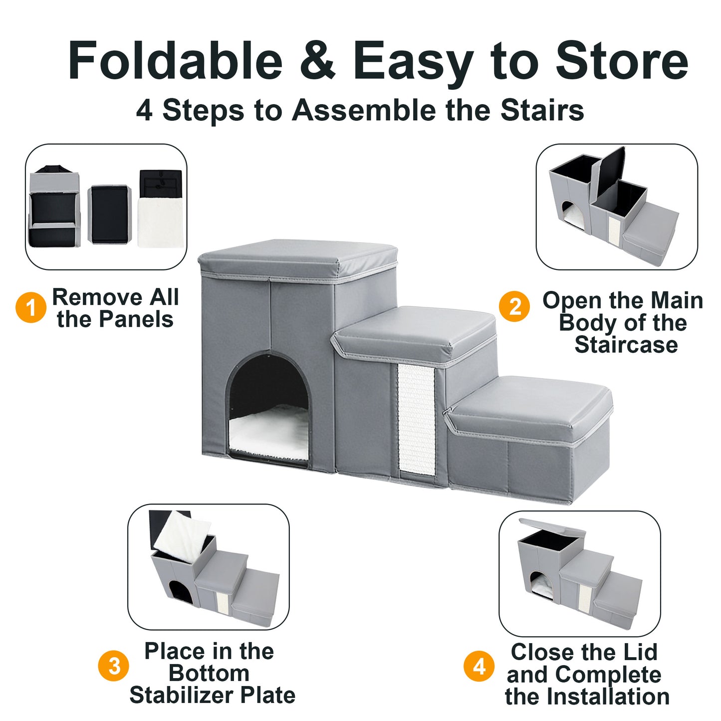 Twinsing 3-in-1 Foldable Collapsible Dog & Cat Stairs with Storage & Bed, Grey, 3 steps