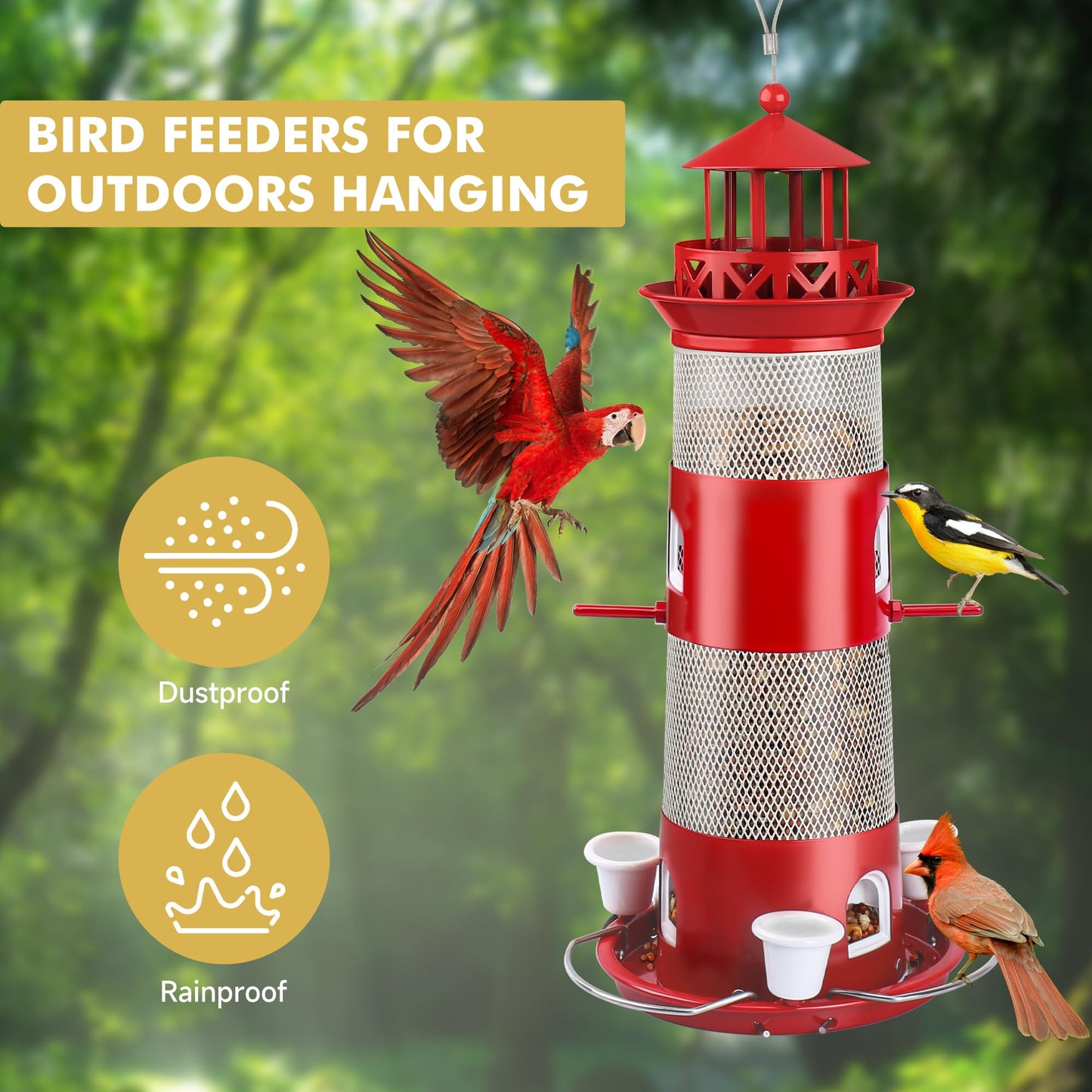 Decflow Outdoor Hanging Durable Metal Tube Wild Bird Feeder with Three Water Cups, White