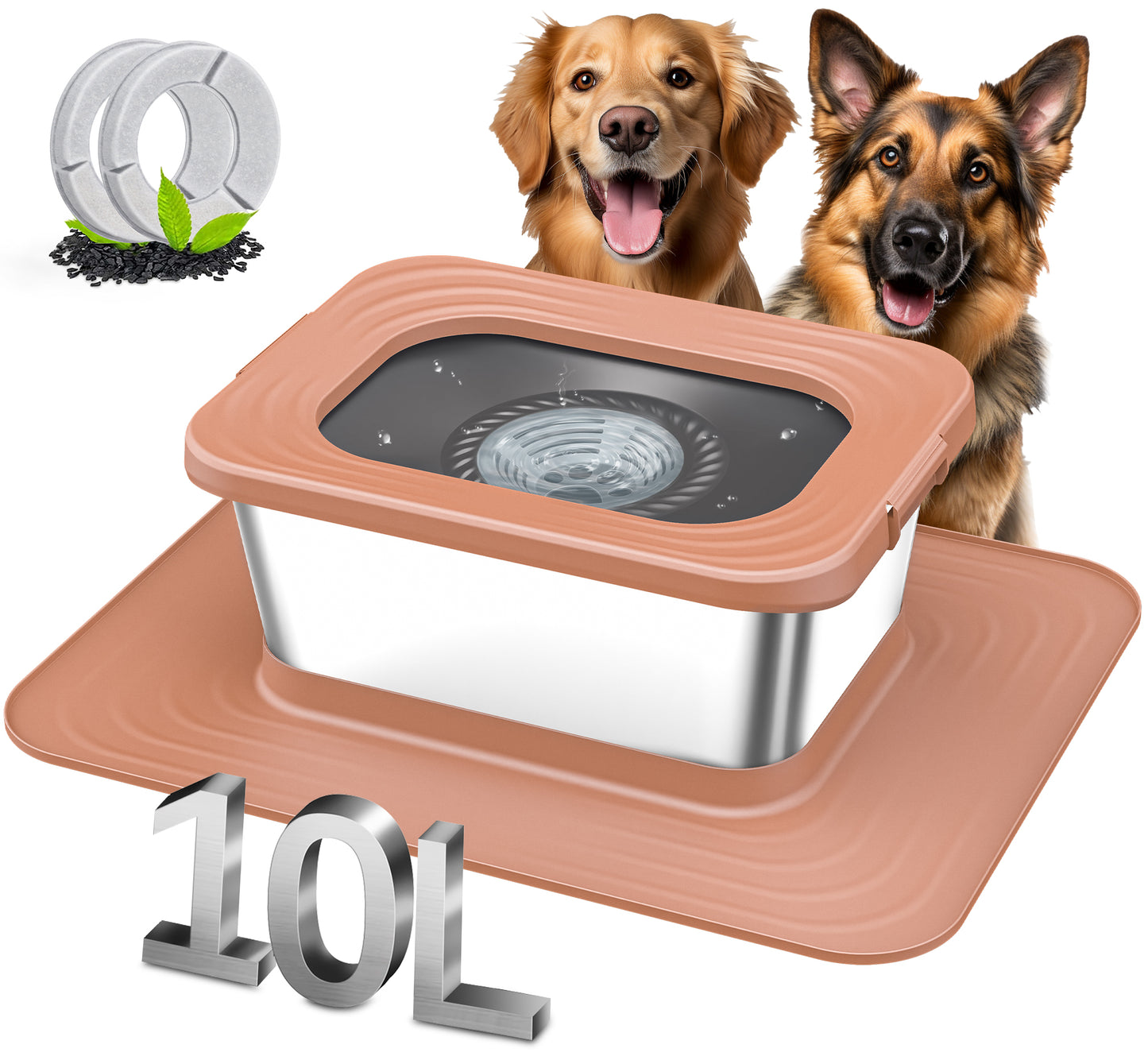 Decflow 10L Stainless Steel Dog Bowl, No-Spill Splash-Proof, Comes with XXL Silicone Mat, Spill-Resistant Slow Feeder, Ideal for Messy Drinkers, Heavy-Duty Pet Bowl, Suitable for Indoor/Outdoor Use