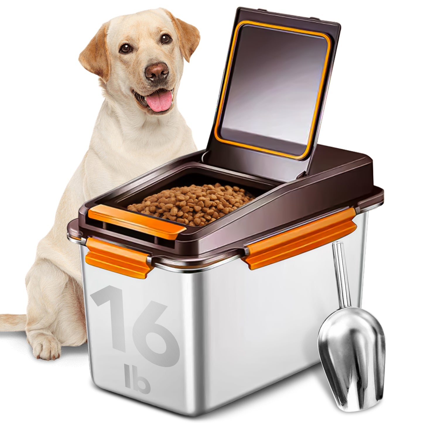 Dog food storage container, stainless steel, with scoop, 17 lbs (approx. 7.3 kg) / 15 lbs (approx. 5.0 kg) airtight pet metal food storage box, cat food container, suitable for dry dog, cat, and bird food, keeps food fresh