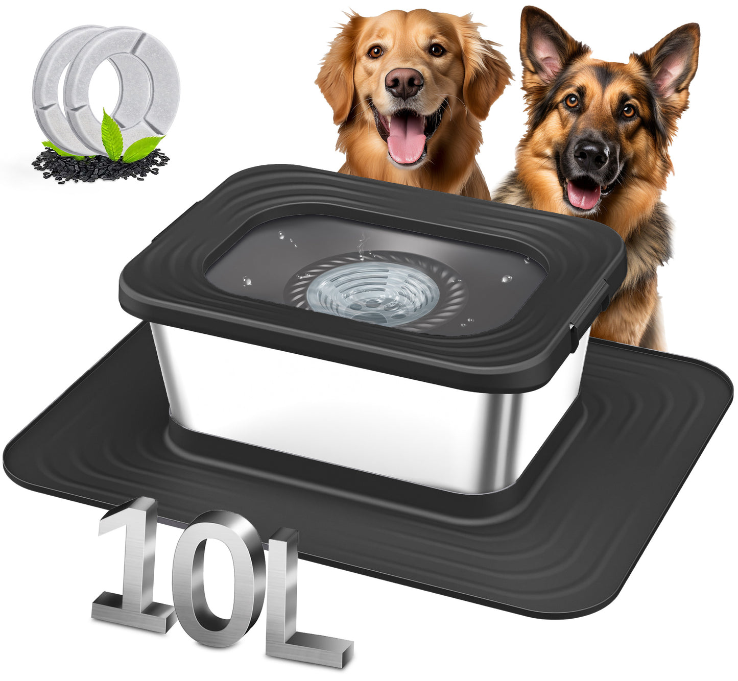Decflow 10L Stainless Steel Dog Bowl, No-Spill Splash-Proof, Comes with XXL Silicone Mat, Spill-Resistant Slow Feeder, Ideal for Messy Drinkers, Heavy-Duty Pet Bowl, Suitable for Indoor/Outdoor Use