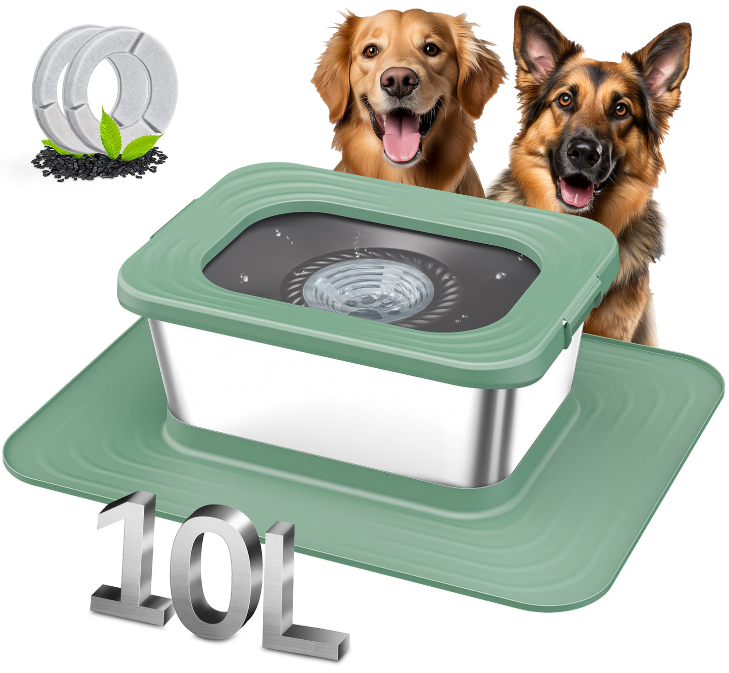Decflow 10L Stainless Steel Dog Bowl, No-Spill Splash-Proof, Comes with XXL Silicone Mat, Spill-Resistant Slow Feeder, Ideal for Messy Drinkers, Heavy-Duty Pet Bowl, Suitable for Indoor/Outdoor Use