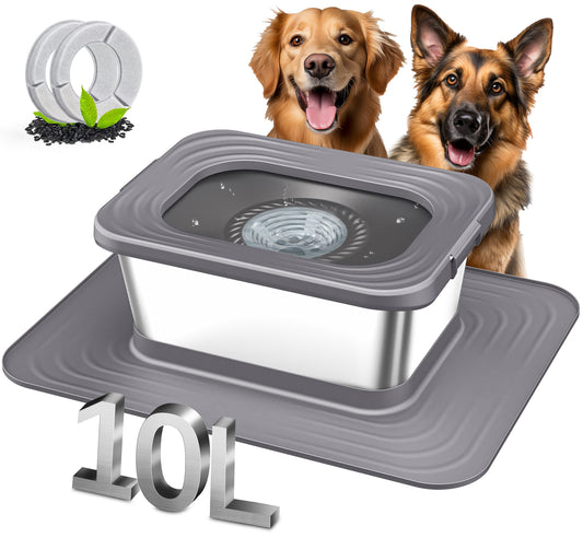 Decflow 10L Stainless Steel Dog Bowl, No-Spill Splash-Proof, Comes with XXL Silicone Mat, Spill-Resistant Slow Feeder, Ideal for Messy Drinkers, Heavy-Duty Pet Bowl, Suitable for Indoor/Outdoor Use