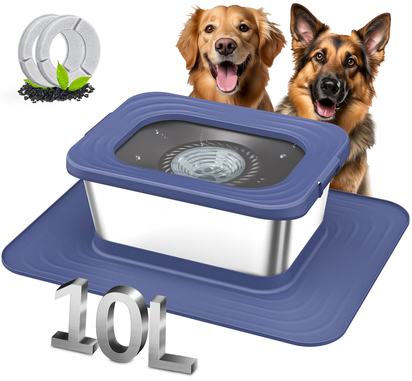 Decflow 10L Stainless Steel Dog Bowl, No-Spill Splash-Proof, Comes with XXL Silicone Mat, Spill-Resistant Slow Feeder, Ideal for Messy Drinkers, Heavy-Duty Pet Bowl, Suitable for Indoor/Outdoor Use