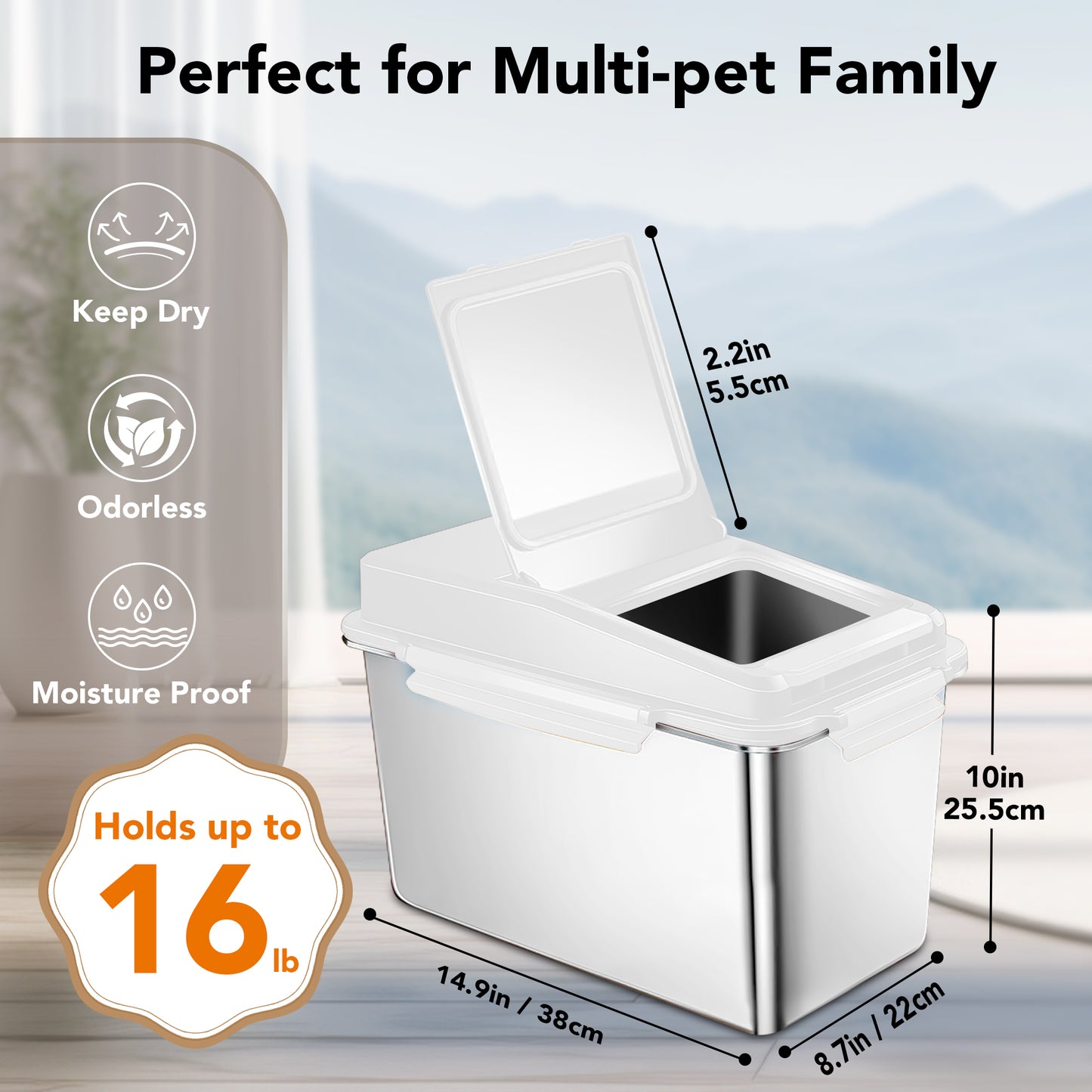 Dog food storage container, stainless steel, with scoop, 17 lbs (approx. 7.3 kg) / 15 lbs (approx. 5.0 kg) airtight pet metal food storage box, cat food container, suitable for dry dog, cat, and bird food, keeps food fresh
