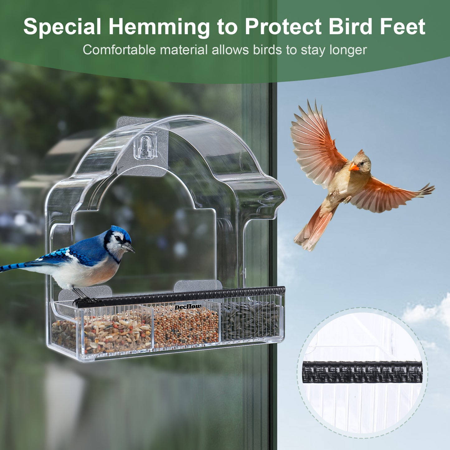 Decflow Transparent Acrylic Outside Window Wild Bird Feeder with 3 Pairs of Strong Stickers & Removable Tray, Black