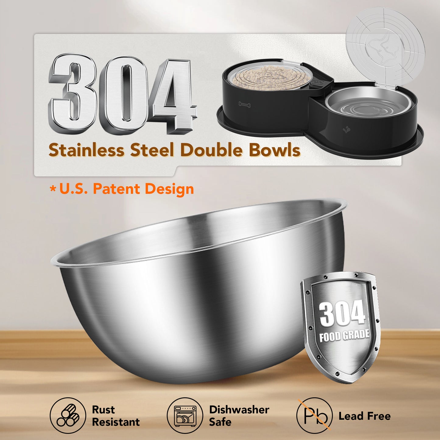 Stainless Steel Dog Bowl Set with Lid, 304 Metal Double Food and Water Bowls for Dogs and Cats, Collapsible Pet Feeder with Lid, Keeps Food Fresh, Non-Slip Dog Dish, Suitable for Small/Medium/Large Pets