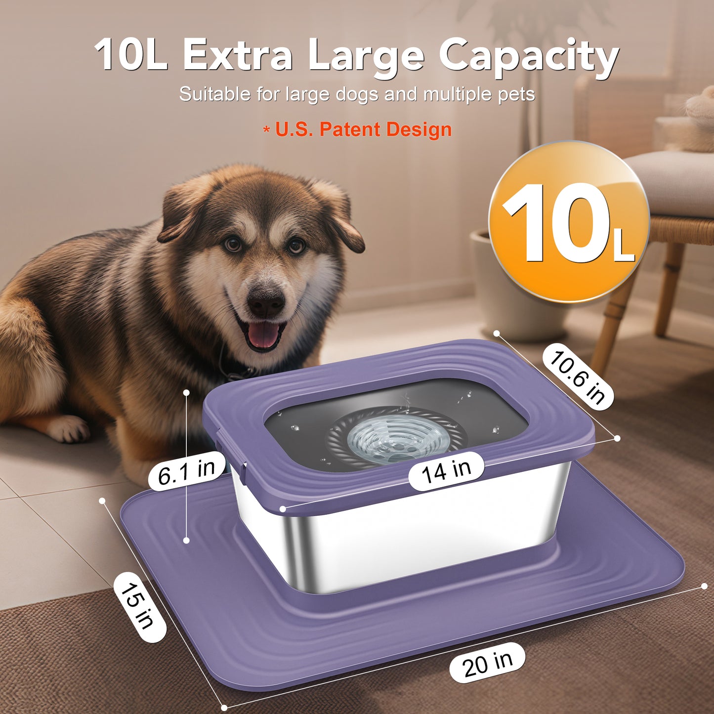 Decflow 10L Stainless Steel Dog Bowl, No-Spill Splash-Proof, Comes with XXL Silicone Mat, Spill-Resistant Slow Feeder, Ideal for Messy Drinkers, Heavy-Duty Pet Bowl, Suitable for Indoor/Outdoor Use