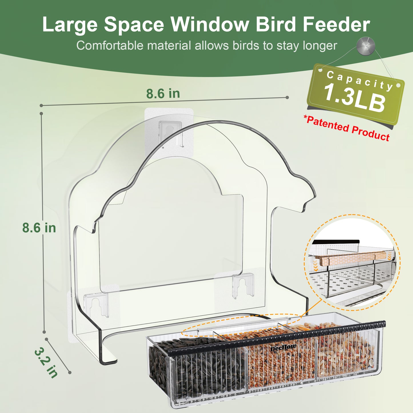 Decflow Transparent Acrylic Outside Window Wild Bird Feeder with 3 Pairs of Strong Stickers & Removable Tray, Black