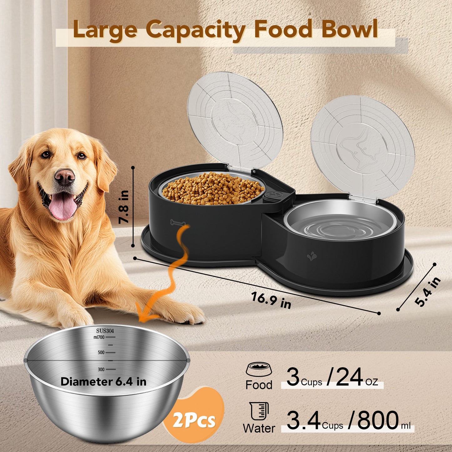 Stainless Steel Dog Bowl Set with Lid, 304 Metal Double Food and Water Bowls for Dogs and Cats, Collapsible Pet Feeder with Lid, Keeps Food Fresh, Non-Slip Dog Dish, Suitable for Small/Medium/Large Pets