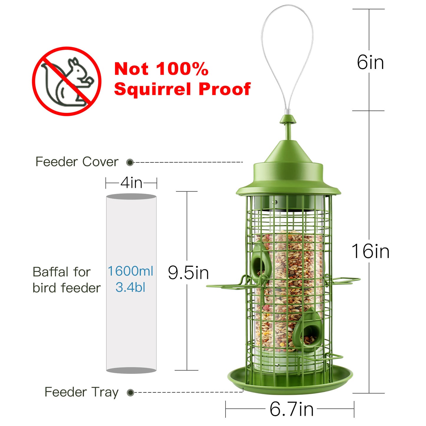 Decflow Metal 2.2-lb Seed Capacity Hanging Bird Feeder with 4 Feeding Ports, Green