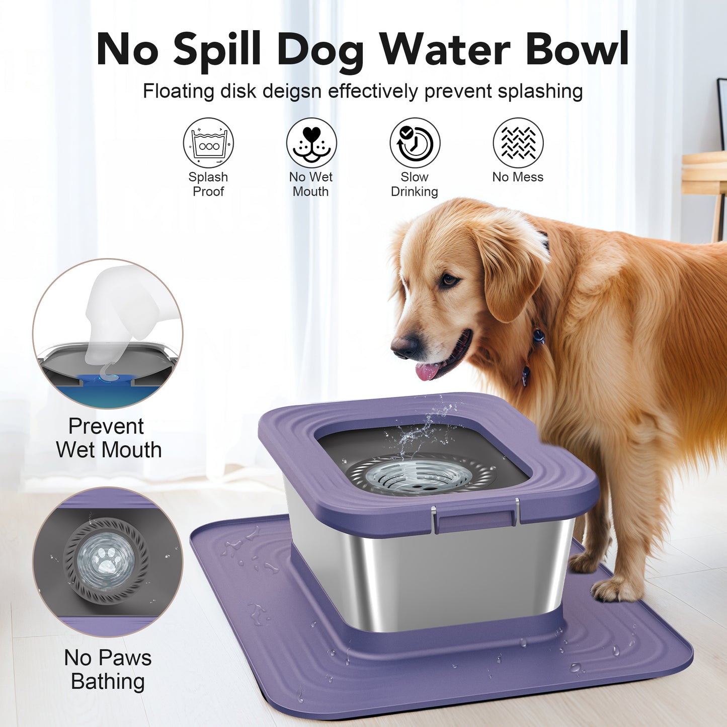 Decflow 10L Stainless Steel Dog Bowl, No-Spill Splash-Proof, Comes with XXL Silicone Mat, Spill-Resistant Slow Feeder, Ideal for Messy Drinkers, Heavy-Duty Pet Bowl, Suitable for Indoor/Outdoor Use