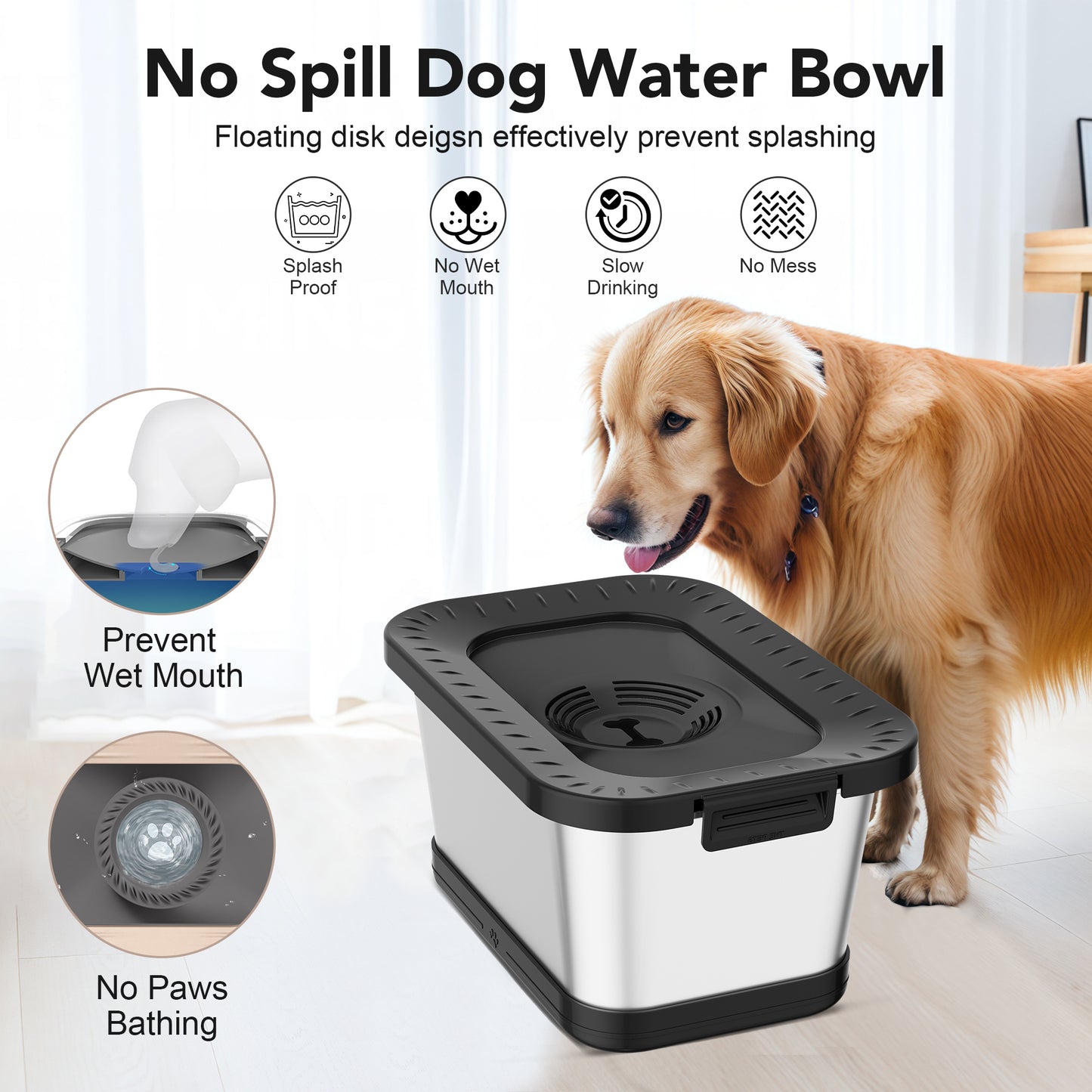 Decflow 7L Stainless Steel Dog Water Bowl, Non-Spill, Splash-Proof Dog Bowl with Non-Slip Mat, Anti-Spill Slow Feeder, Suitable for Messy Drinks, Heavy-Duty Pet Bowl for Indoor/Outdoor Use