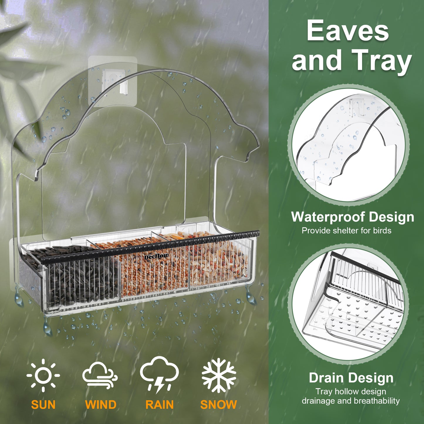 Decflow Transparent Acrylic Outside Window Wild Bird Feeder with 3 Pairs of Strong Stickers & Removable Tray, Black