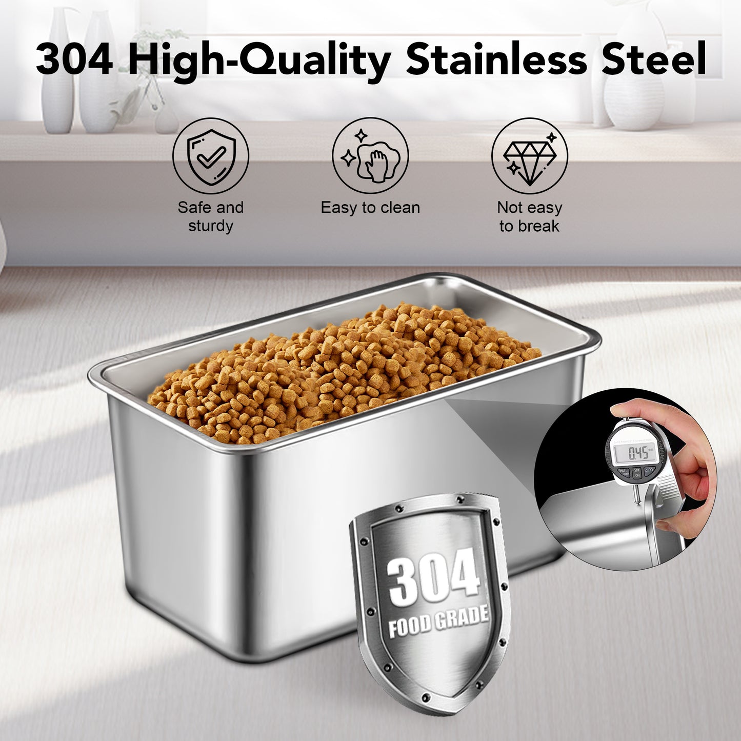 Dog food storage container, stainless steel, with scoop, 17 lbs (approx. 7.3 kg) / 15 lbs (approx. 5.0 kg) airtight pet metal food storage box, cat food container, suitable for dry dog, cat, and bird food, keeps food fresh