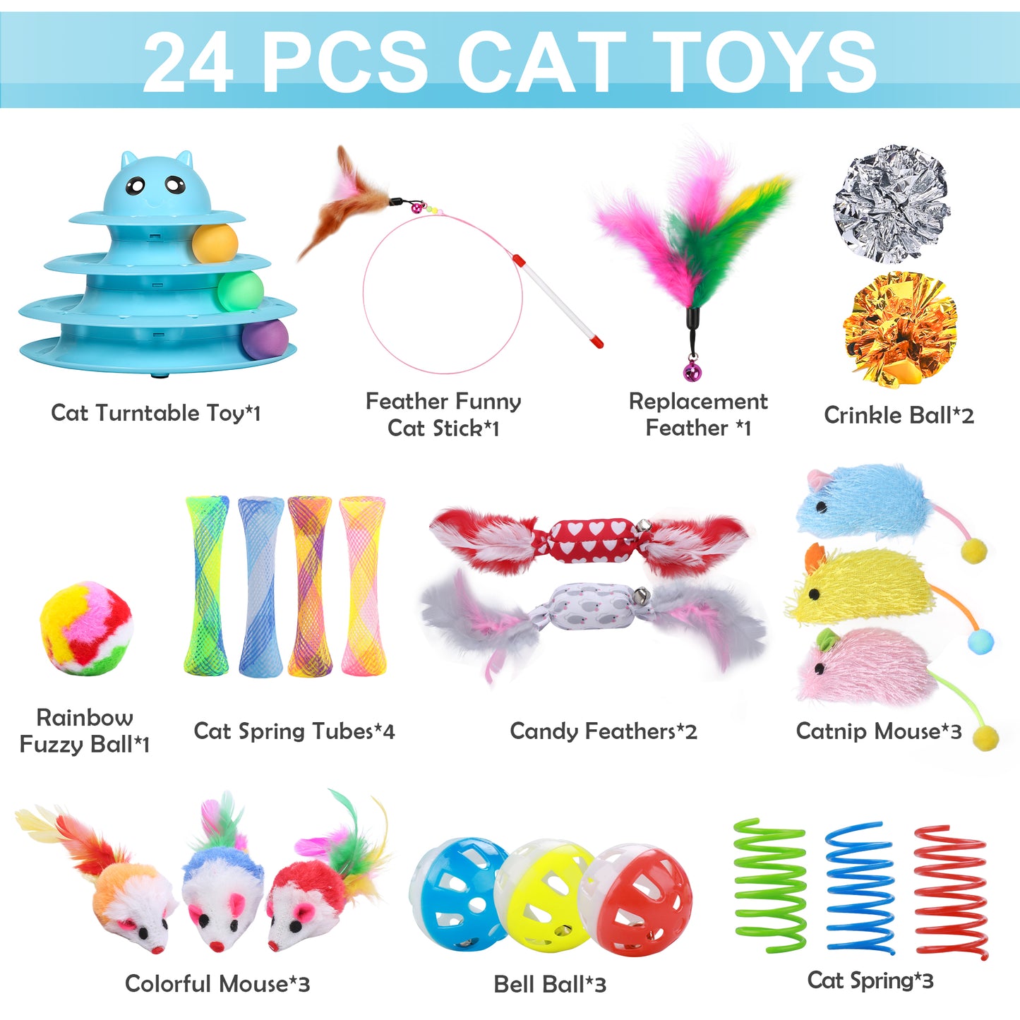 UPSKY 24 PCS Cat Toys, 3-Level Turntable Kitten Toys Set, Interactive Cat Roller Toys for Indoor Cats, Catnip Toys, Cat Teaser Toys, Mice Toys, Spring Toys, Various Ball Toys for Kitty