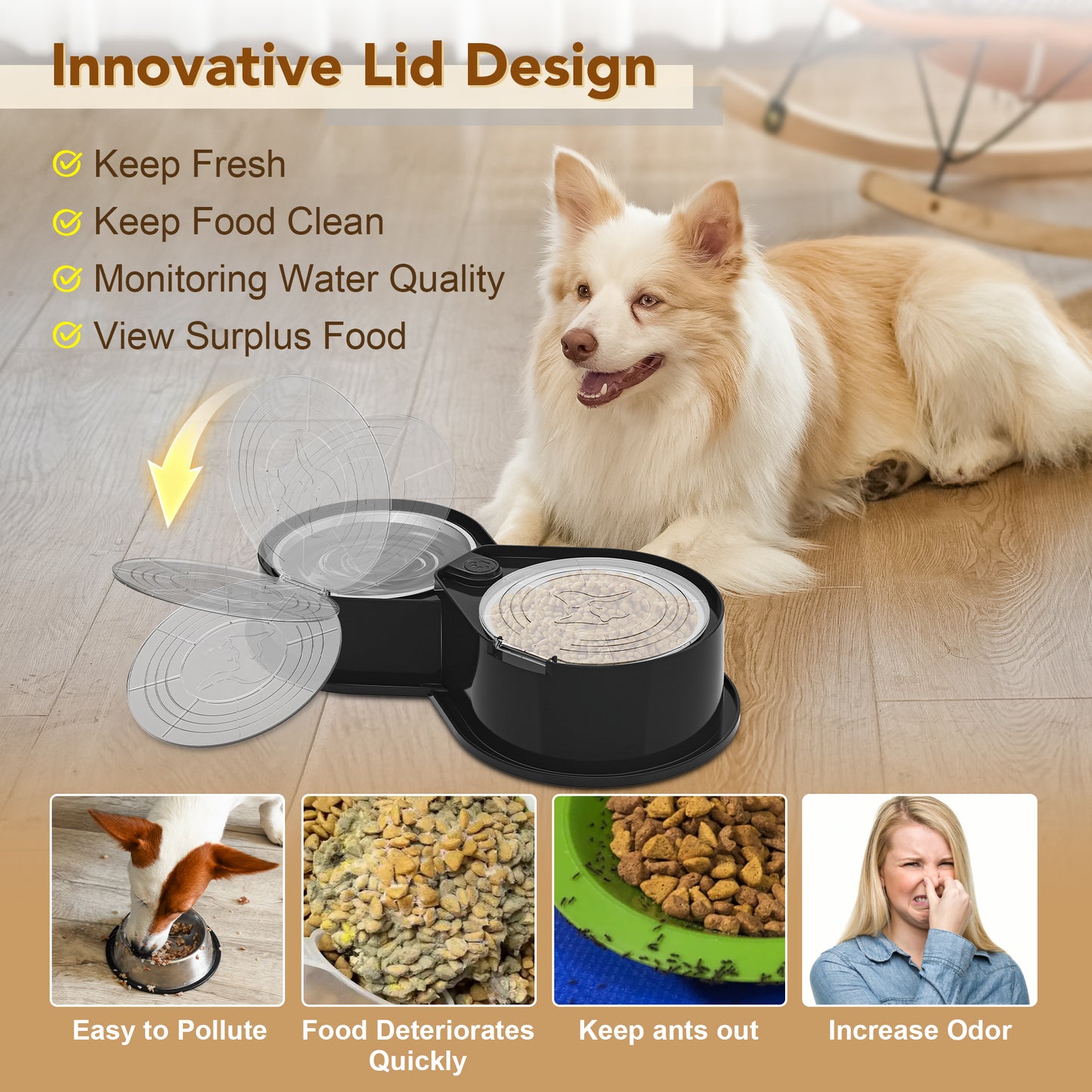 Stainless Steel Dog Bowl Set with Lid, 304 Metal Double Food and Water Bowls for Dogs and Cats, Collapsible Pet Feeder with Lid, Keeps Food Fresh, Non-Slip Dog Dish, Suitable for Small/Medium/Large Pets