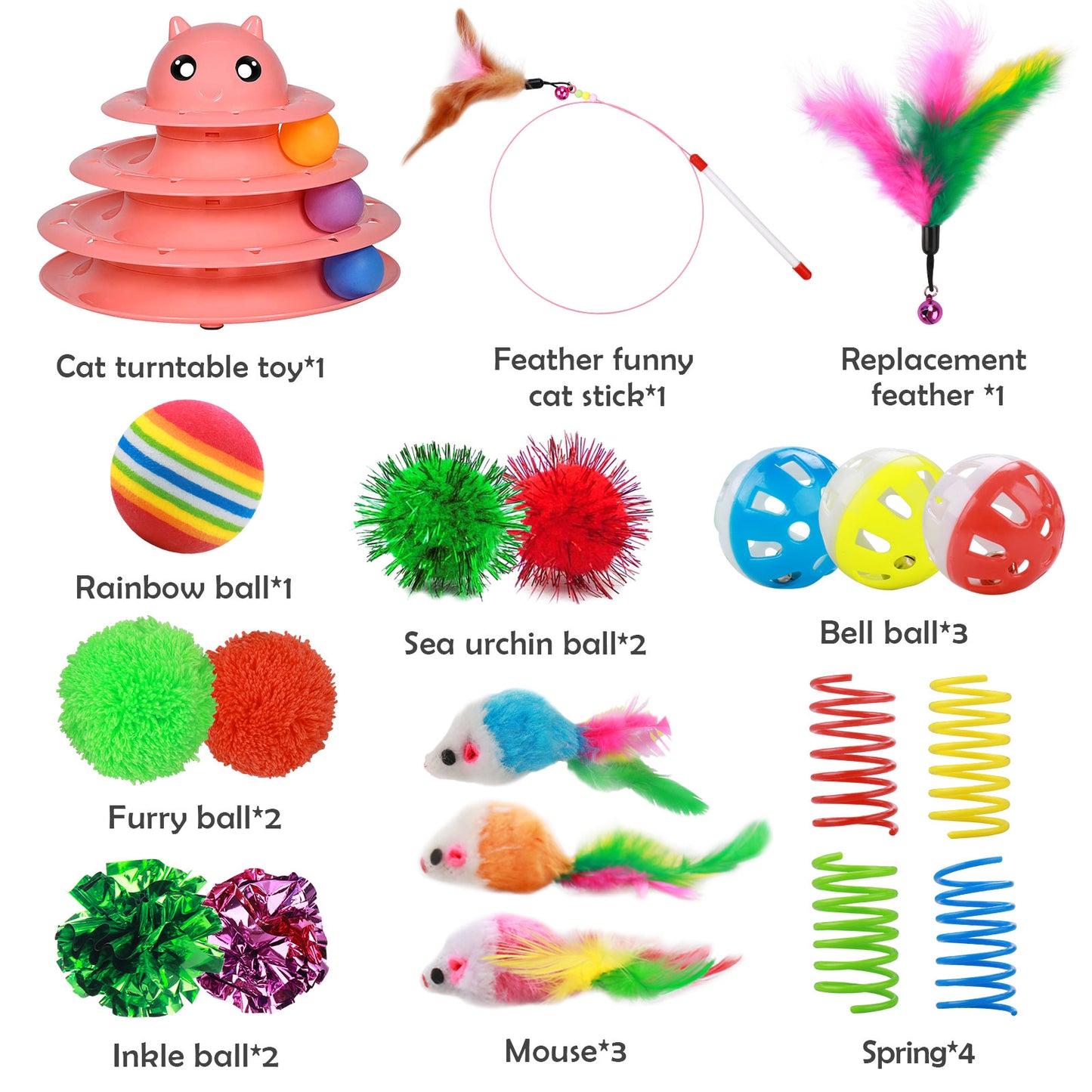 UPSKY 20 PCS Cat Toys - 3-Level Turntable Roller With Balls for Indoor Cats, Kitten Set With Teaser, Mice, Spring, and Various Ball Toys