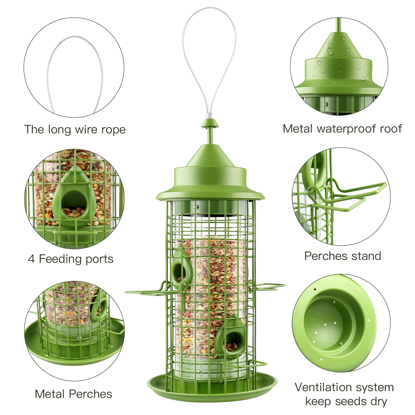 Decflow Metal 2.2-lb Seed Capacity Hanging Bird Feeder with 4 Feeding Ports, Green