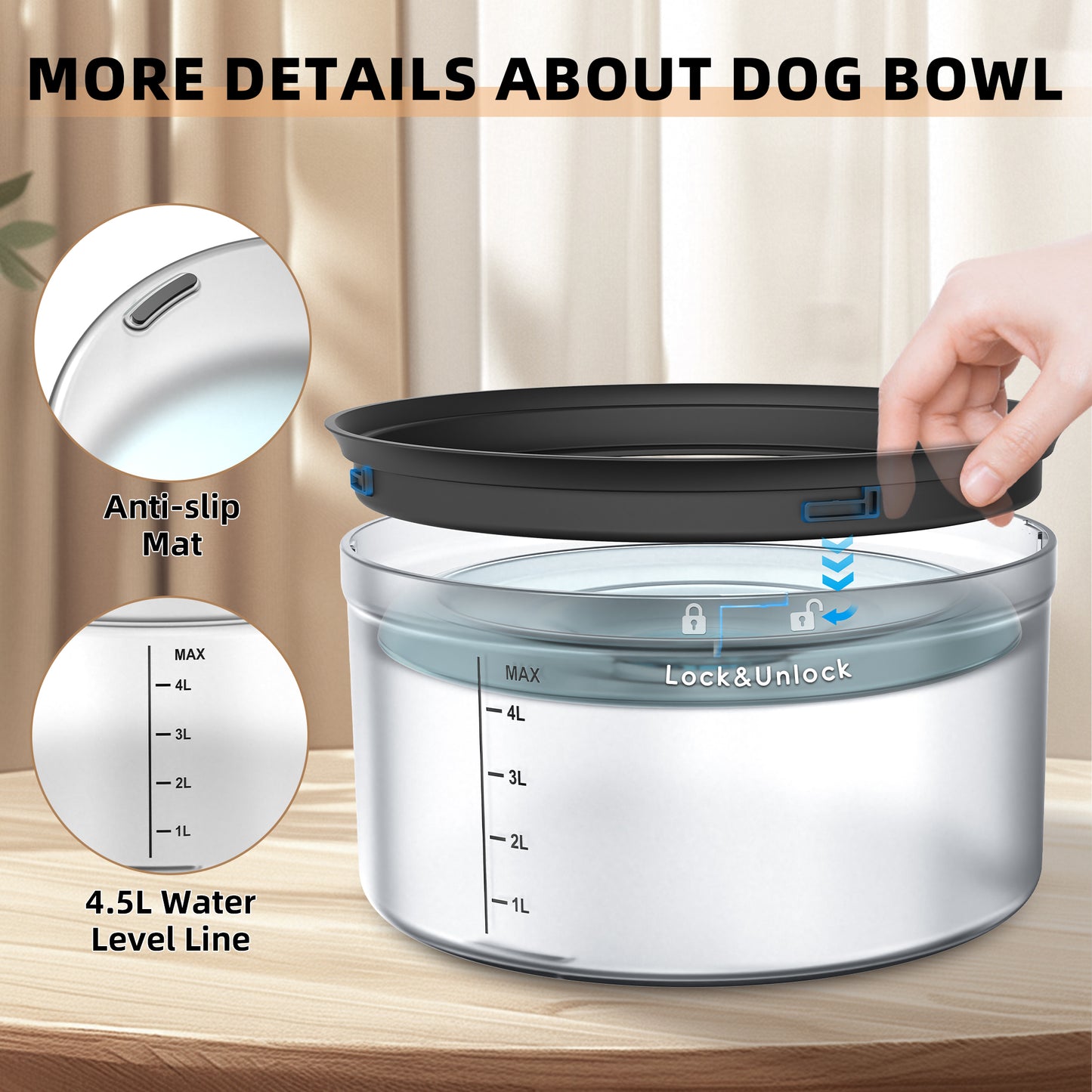 Decflow 1.2 Gallon (about 1.2 liters) Dog Water Bowl, Non-Spill, 4.5 Liter Large Capacity Spill-Proof Dog Bowl with Transparent Floating Tray, Splash-Proof, Slow Drinking Dog Bowl for Messy Drinkers (Transparent)