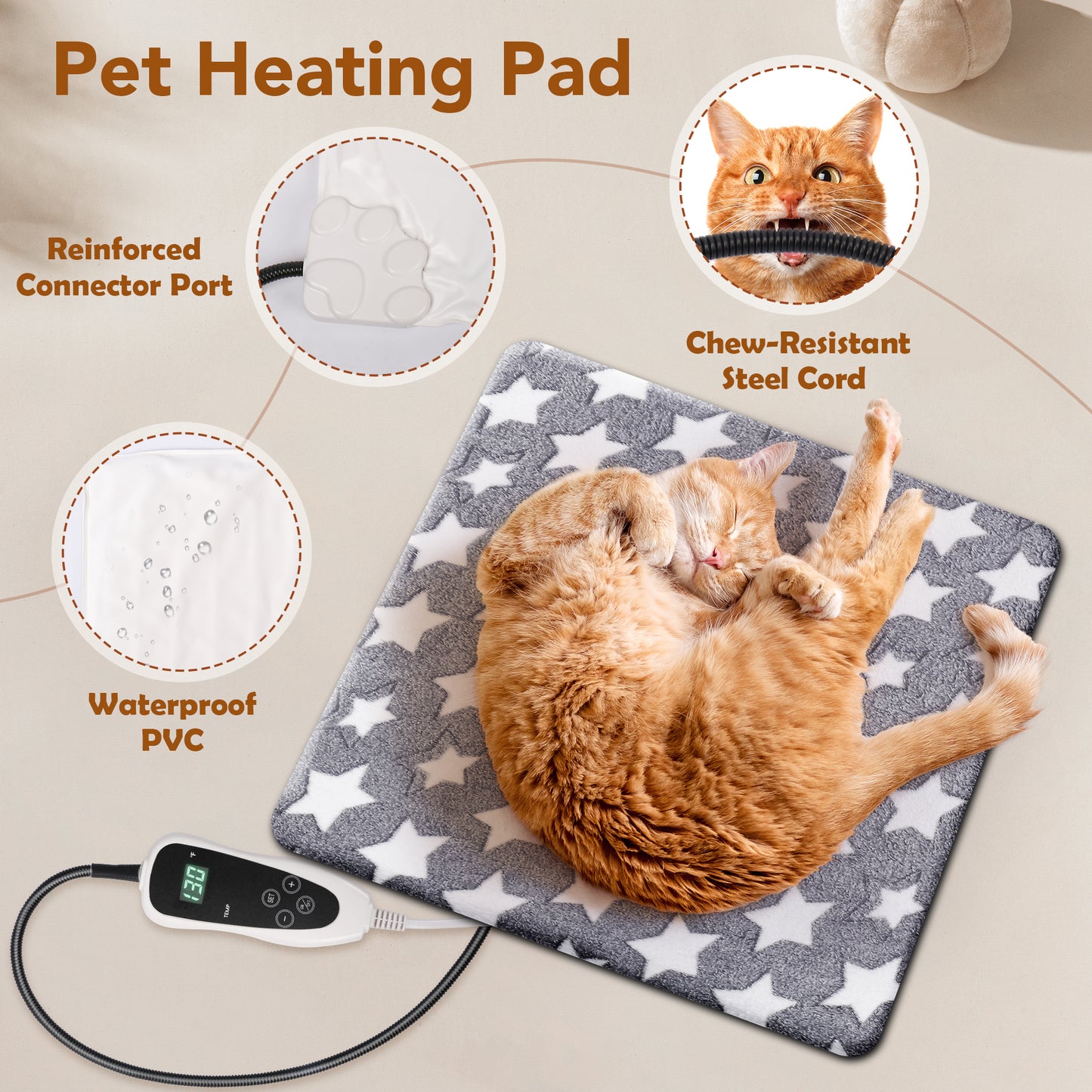 Decflow Waterproof Indoor 11 Adjustable Temperature with Timer Dog & Cat Heating Pad with Chew Resistant Cord Star, Grey