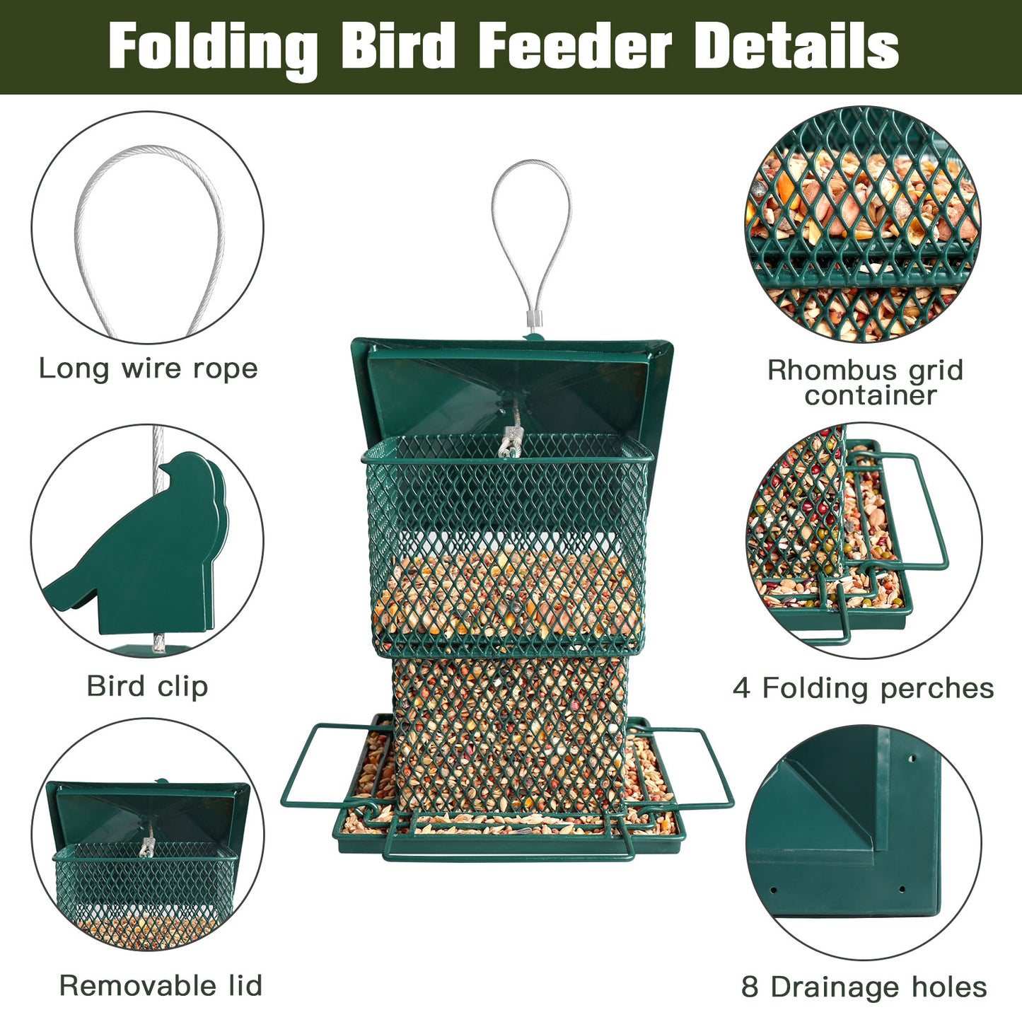 Decflow Metal 6.5-lb Capacity Hanging Chew-Proof & Water Resistant Bird Feeder, Green