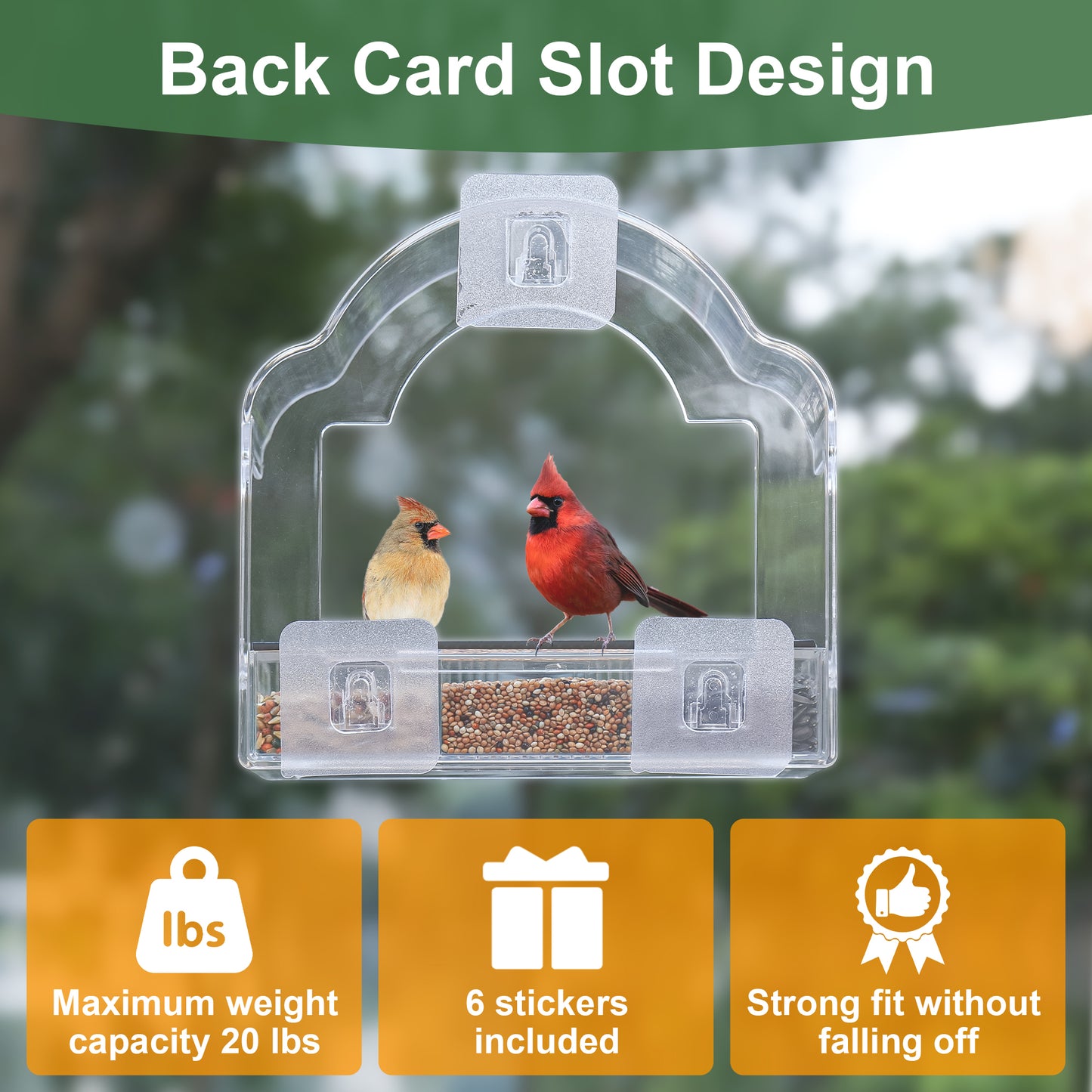 Decflow Transparent Acrylic Outside Window Wild Bird Feeder with 3 Pairs of Strong Stickers & Removable Tray, Black