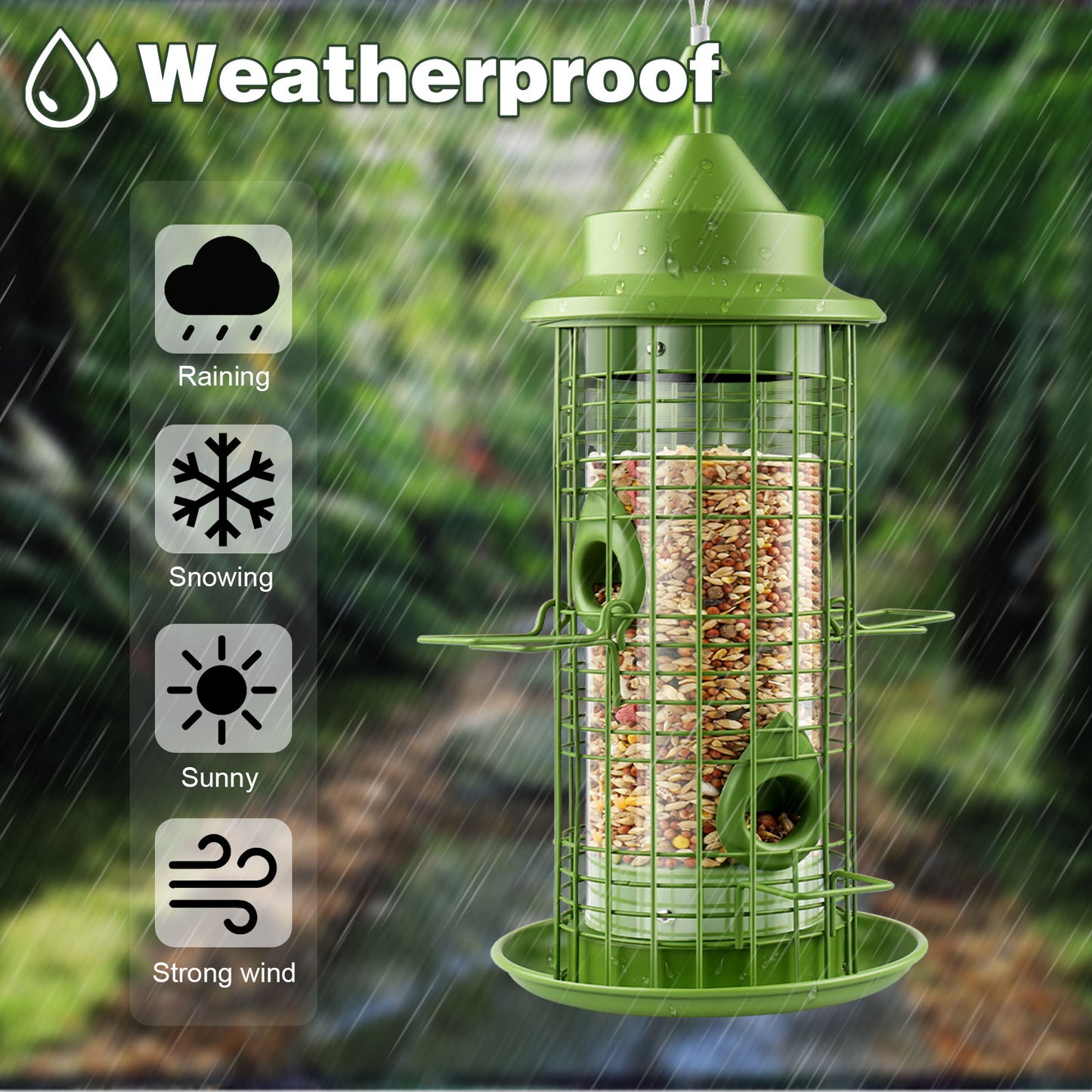 Decflow Metal 2.2-lb Seed Capacity Hanging Bird Feeder with 4 Feeding Ports, Green