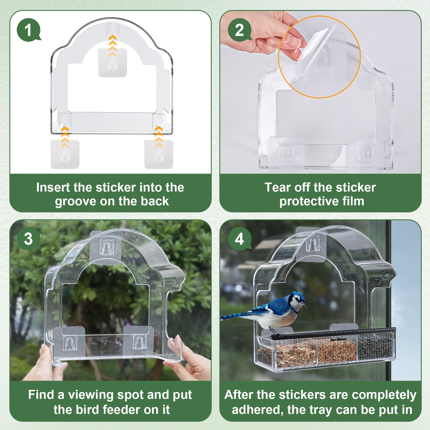 Decflow Transparent Acrylic Outside Window Wild Bird Feeder with 3 Pairs of Strong Stickers & Removable Tray, Black