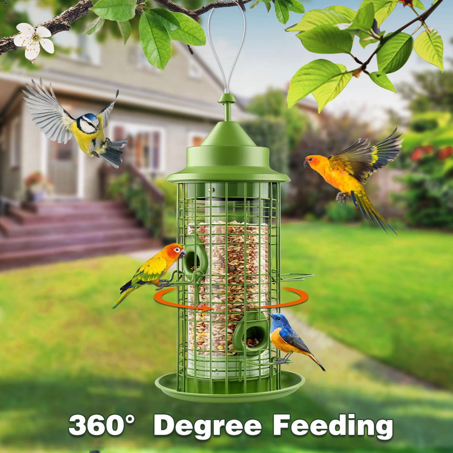 Decflow Metal 2.2-lb Seed Capacity Hanging Bird Feeder with 4 Feeding Ports, Green
