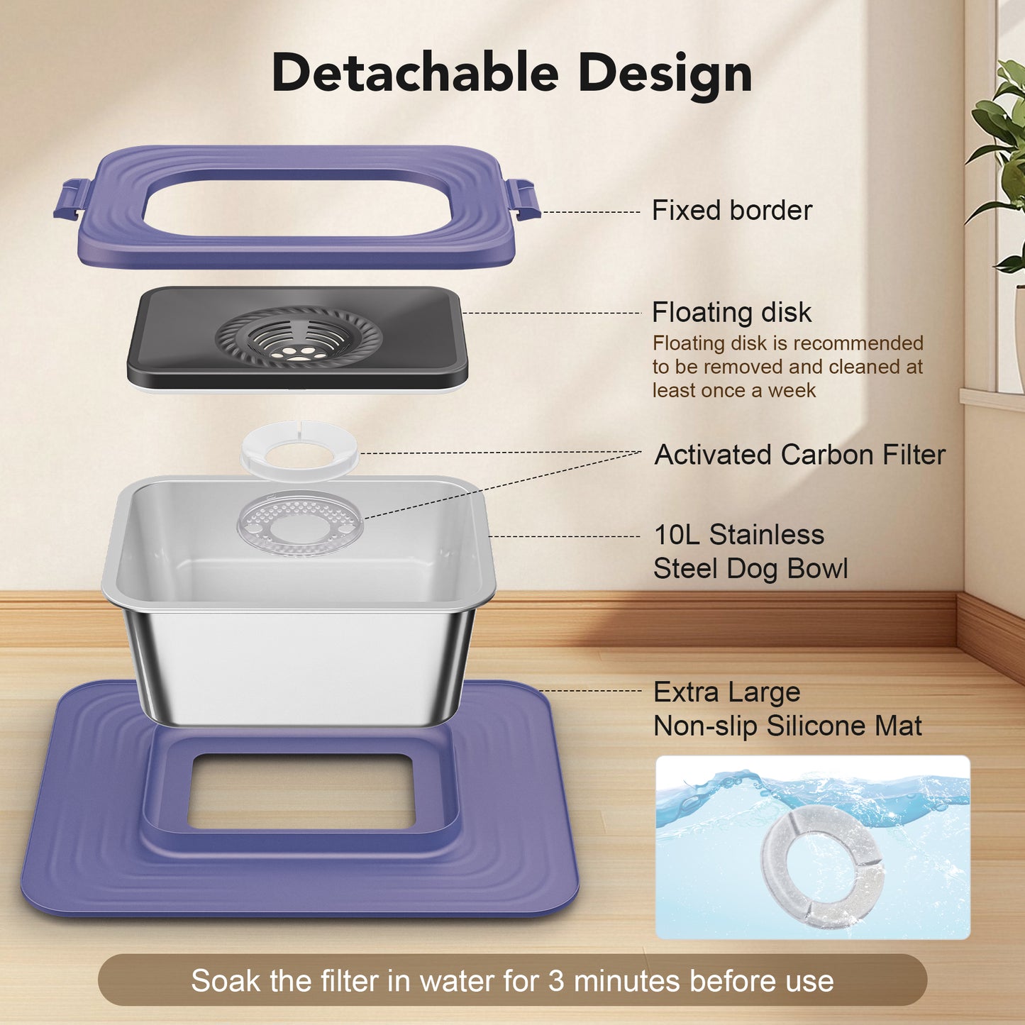 Decflow 10L Stainless Steel Dog Bowl, No-Spill Splash-Proof, Comes with XXL Silicone Mat, Spill-Resistant Slow Feeder, Ideal for Messy Drinkers, Heavy-Duty Pet Bowl, Suitable for Indoor/Outdoor Use