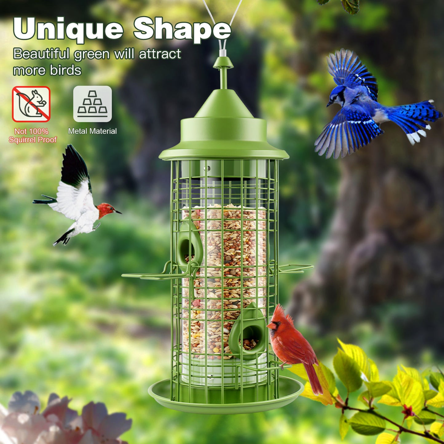 Decflow Metal 2.2-lb Seed Capacity Hanging Bird Feeder with 4 Feeding Ports, Green